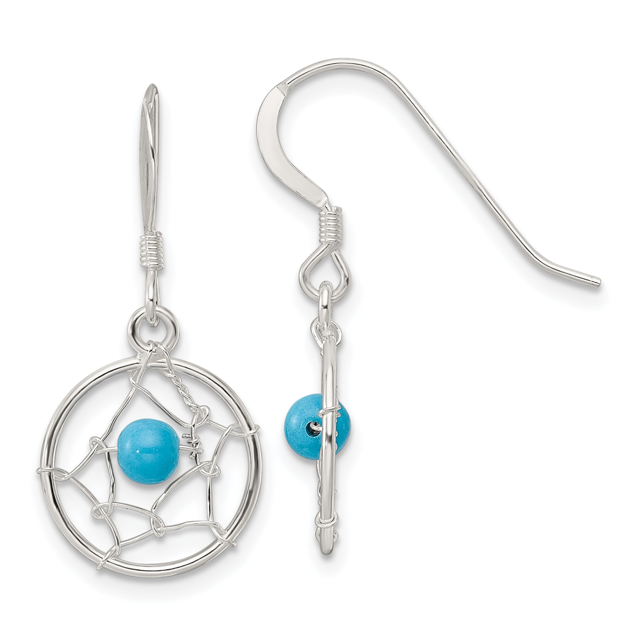 Sterling Silver Polished Turquoise Bead Dream Catcher Dangle Earrings Main image