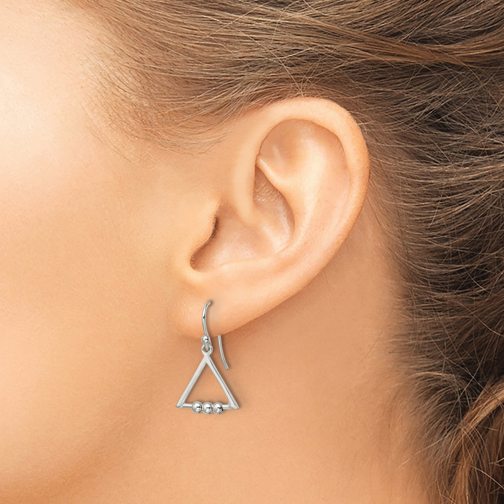 Sterling Silver Polished Beaded Triangle Dangle Earrings
