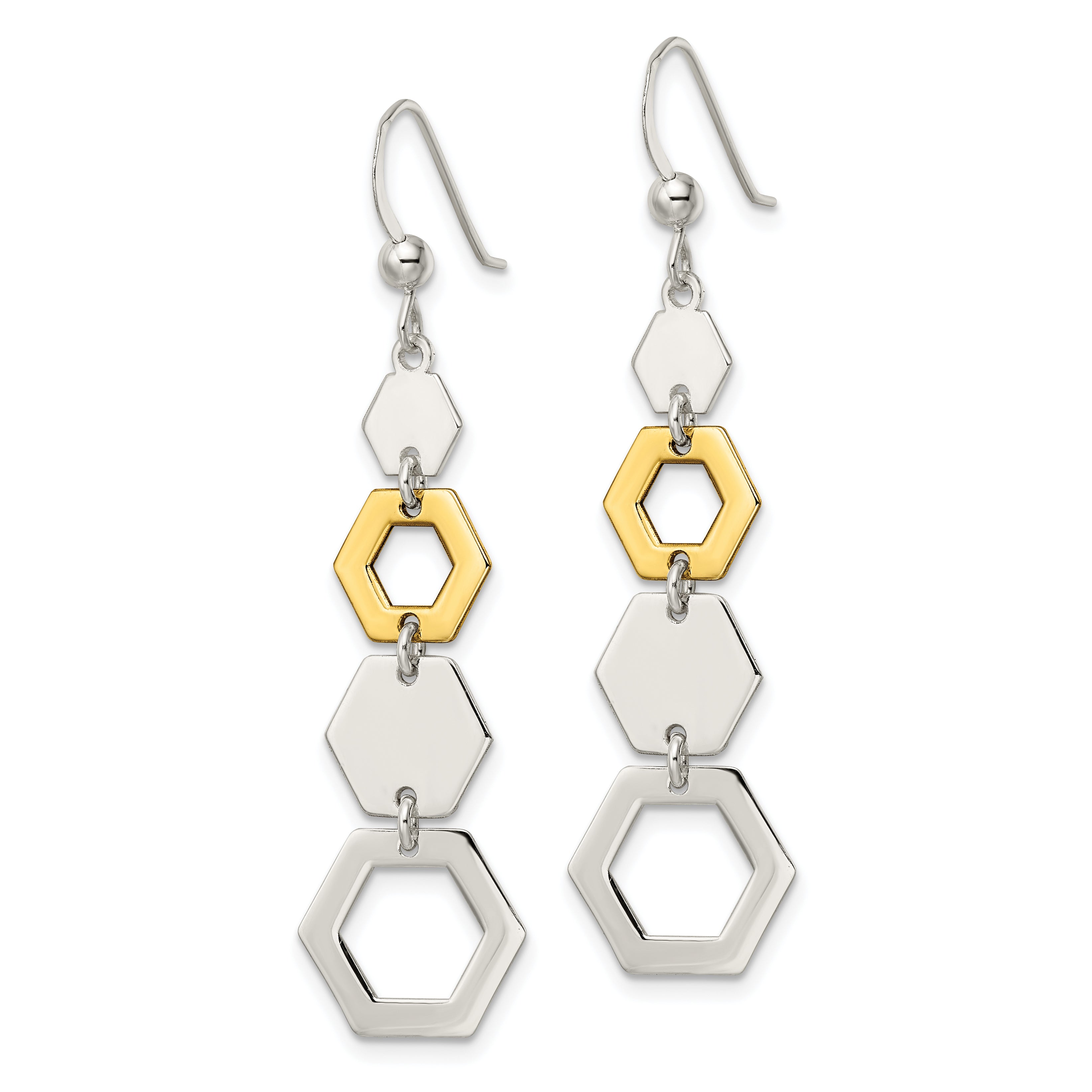 Sterling Silver & Gold-tone Polished Hexagon Dangle Earrings Secondary image