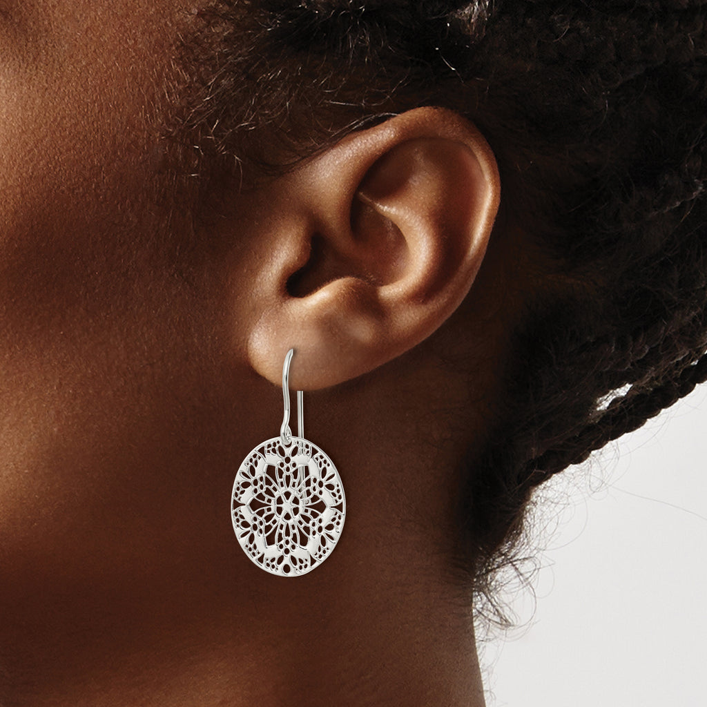 Sterling Silver Polished Floral Oval Dangle Earrings