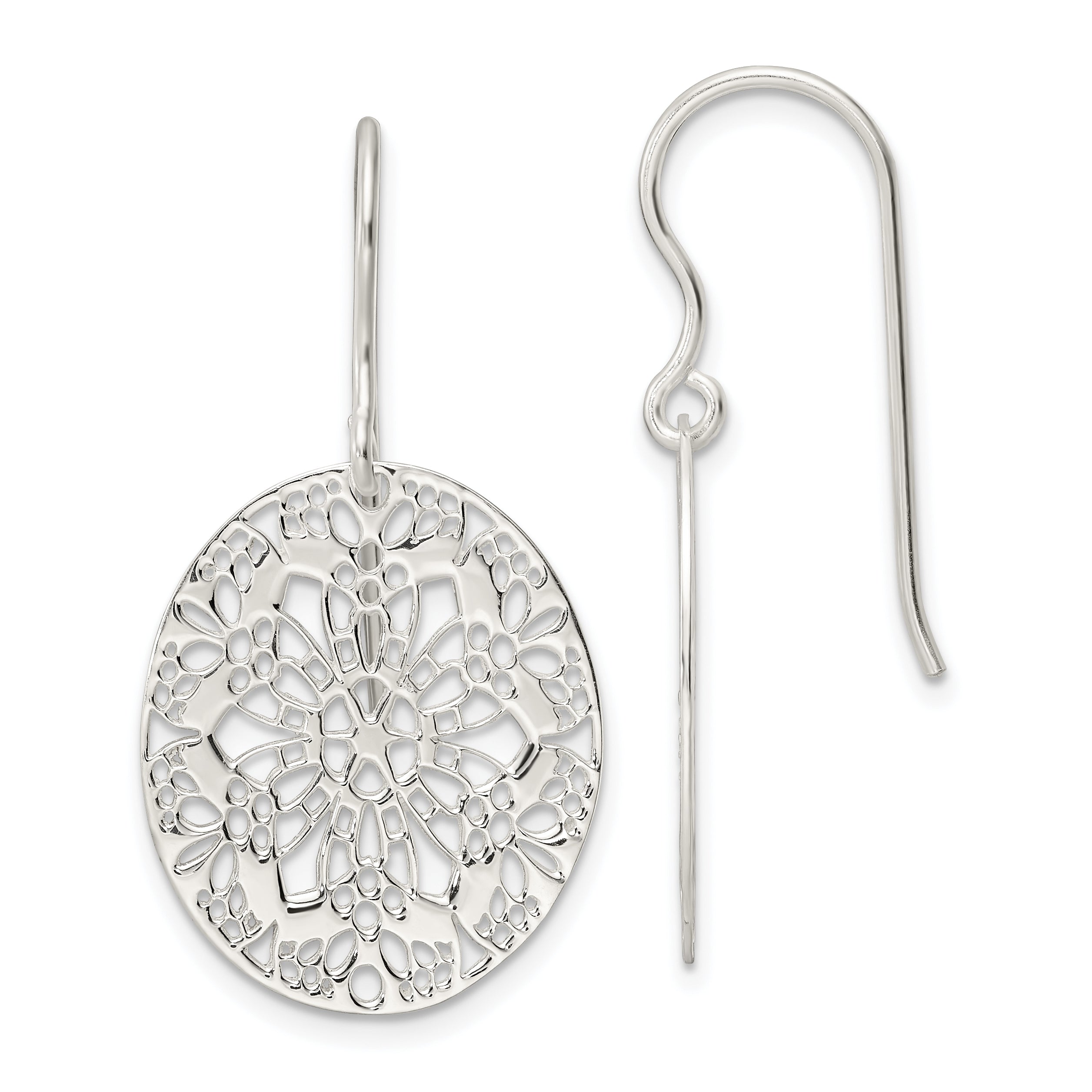 Sterling Silver Polished Floral Oval Dangle Earrings Main image