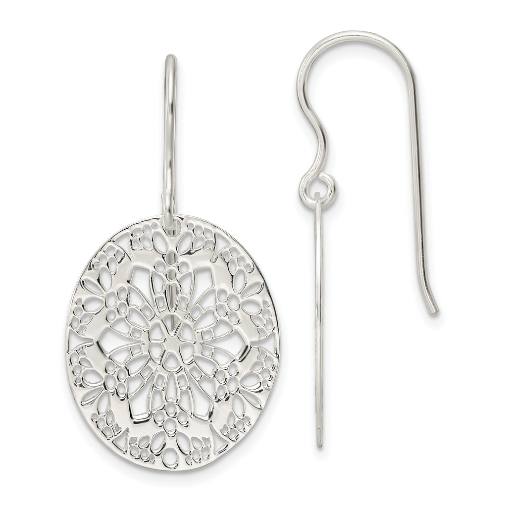 Sterling Silver Polished Floral Oval Dangle Earrings