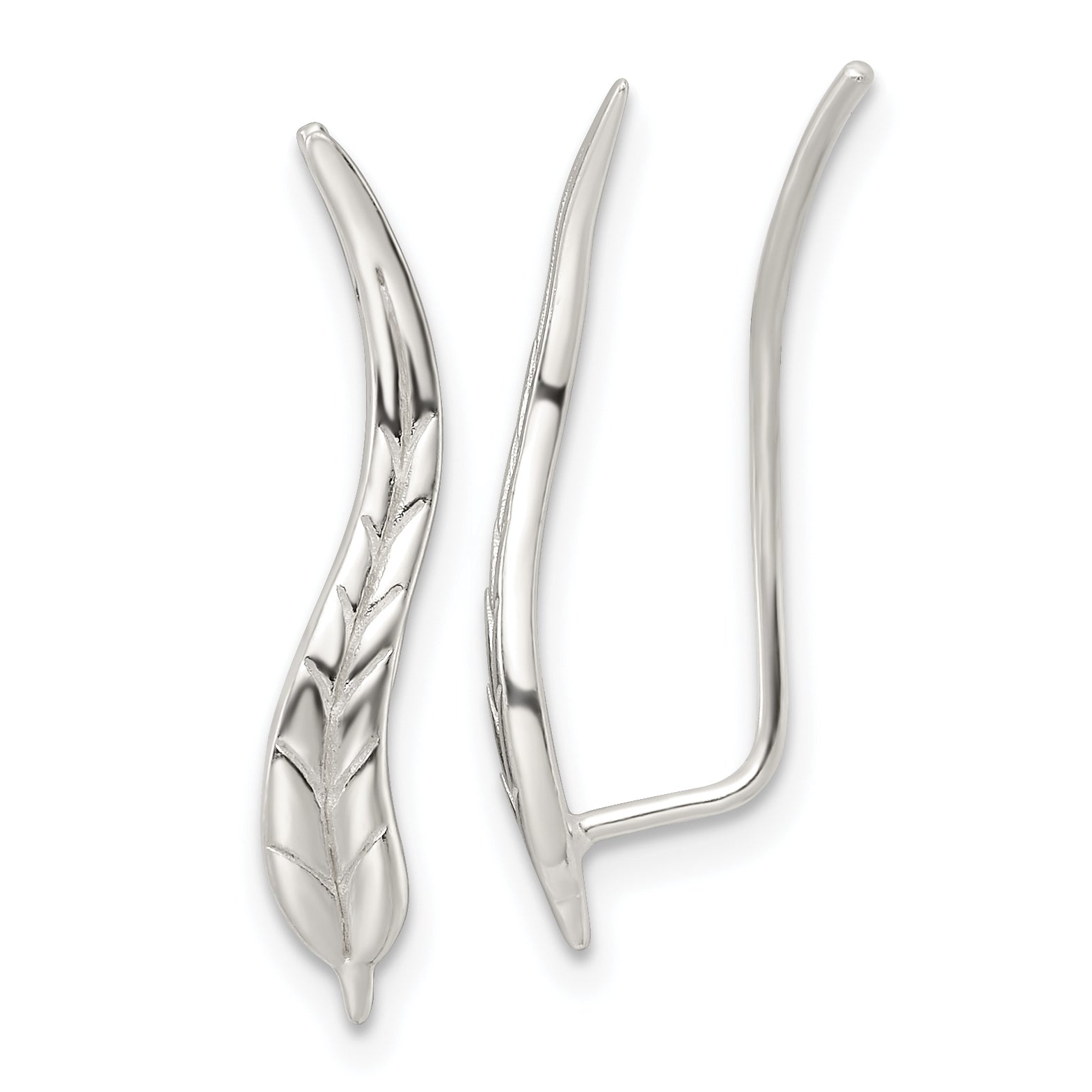 Sterling Silver Polished & Textured Wavy Leaf Dangle Earrings Main image