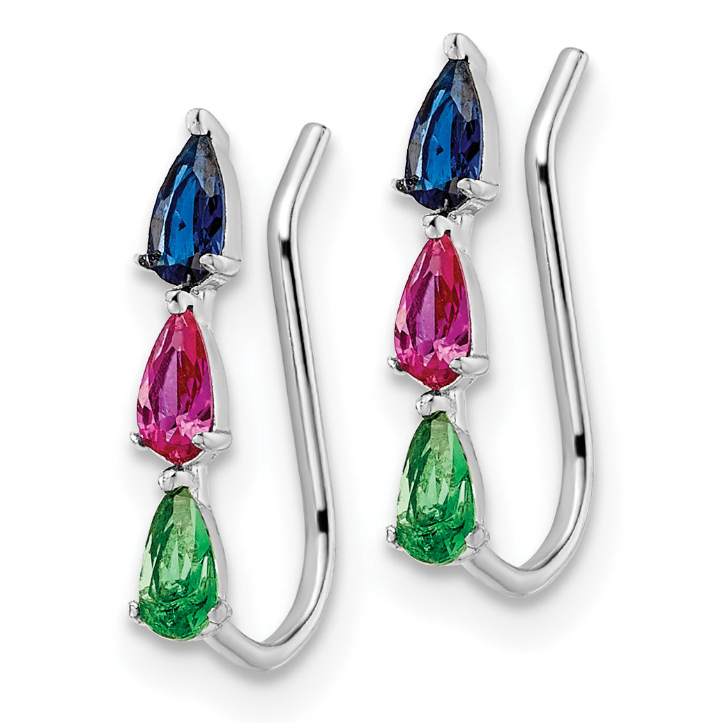Sterling Silver RH-plated Polished Multi-color Pear CZ Ear Climber Earrings Secondary image