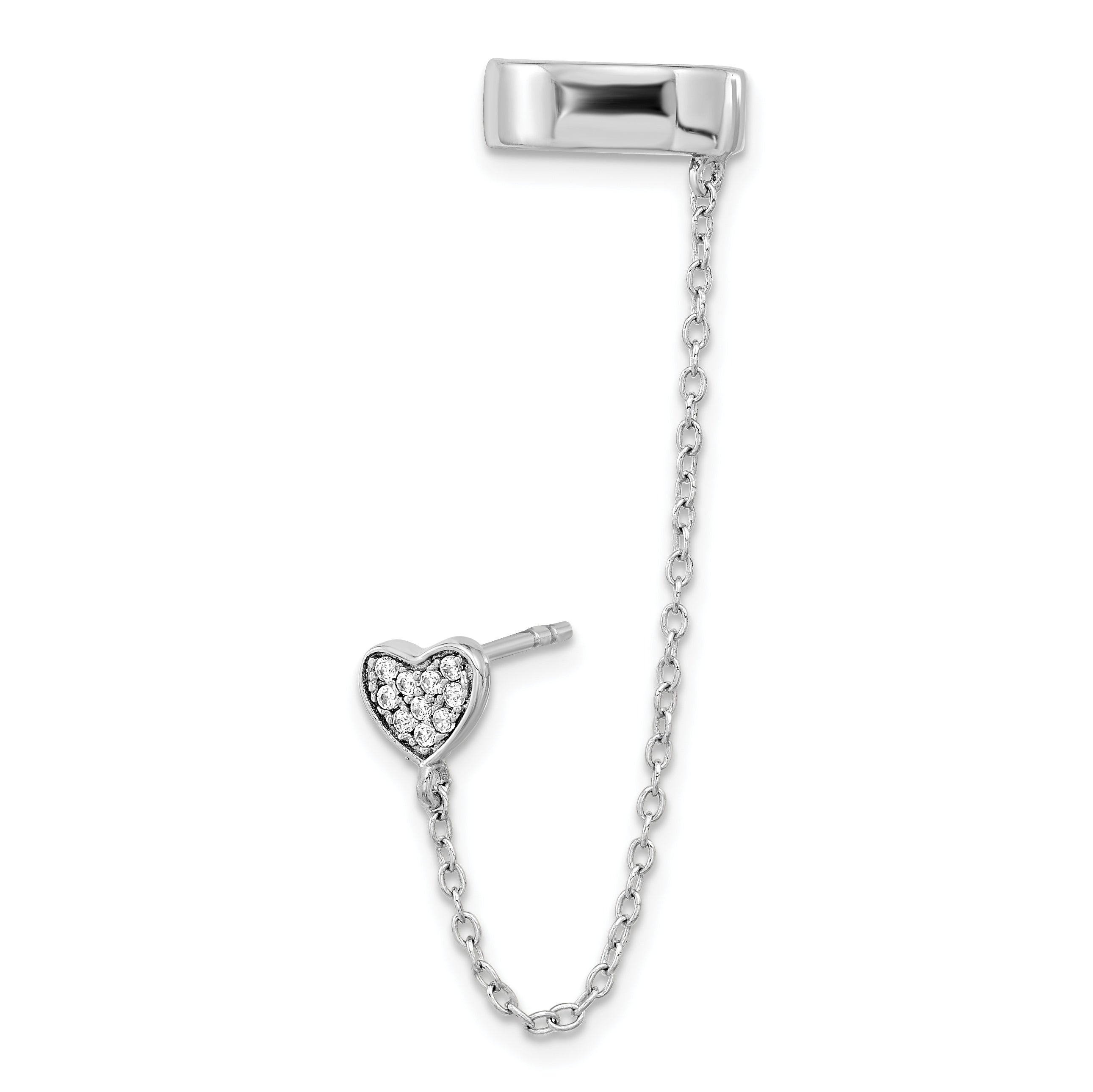 Sterling Silver RH-plated CZ Heart w/ 2in Chain Single Post & Cuff Earrin Secondary image