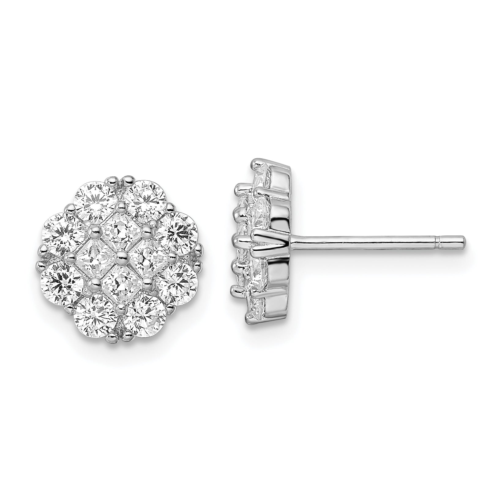 Sterling Silver Rhodium-plated Polished CZ Cluster Flower Post Earrings Main image