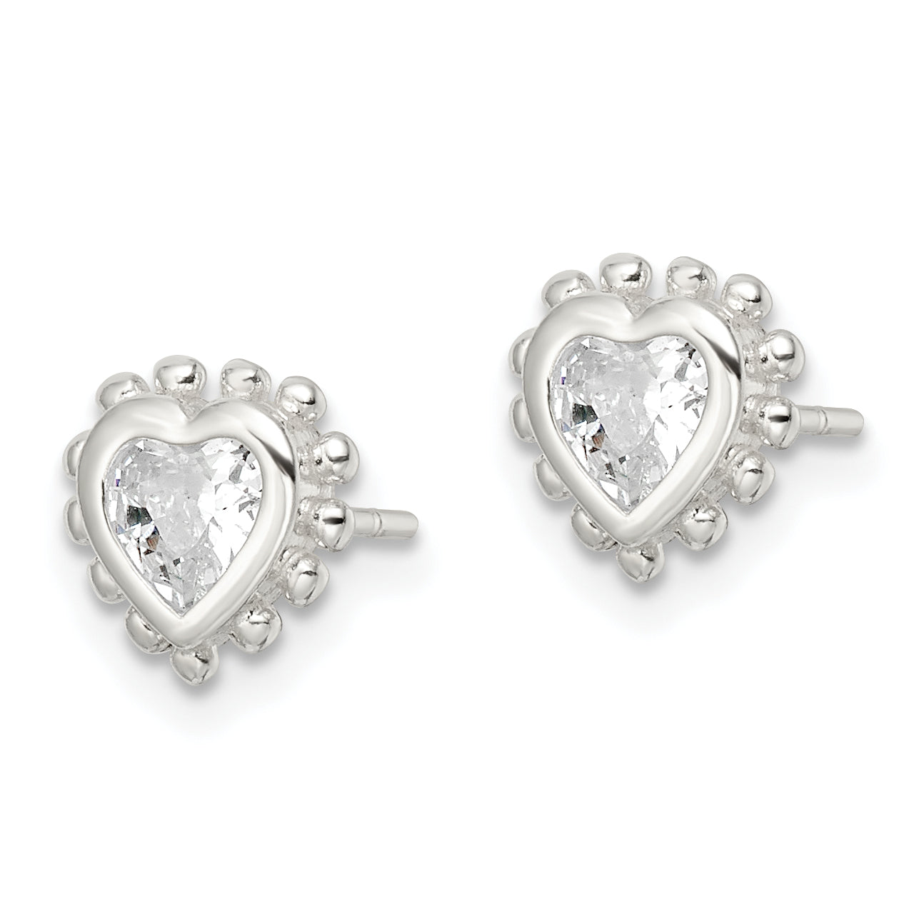 Sterling Silver Polished & Beaded Edge Heart CZ Post Earrings Secondary image