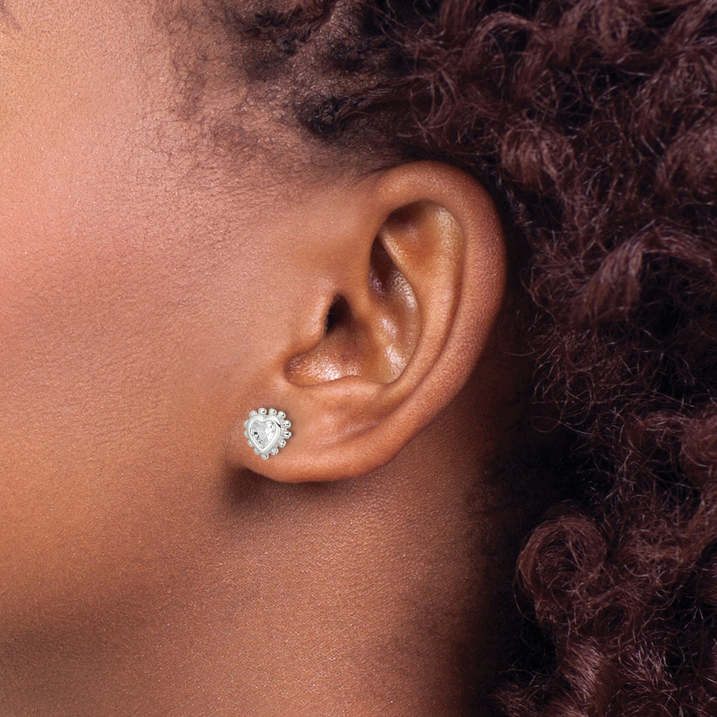 Sterling Silver Polished & Beaded Edge Heart CZ Post Earrings