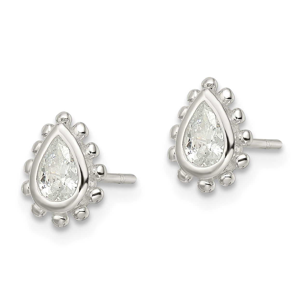 Sterling Silver Polished & Beaded Edge Pear CZ Post Earrings Secondary image