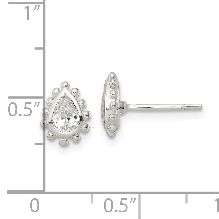 Sterling Silver Polished & Beaded Edge Pear CZ Post Earrings