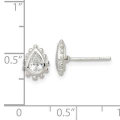 Sterling Silver Polished & Beaded Edge Pear CZ Post Earrings