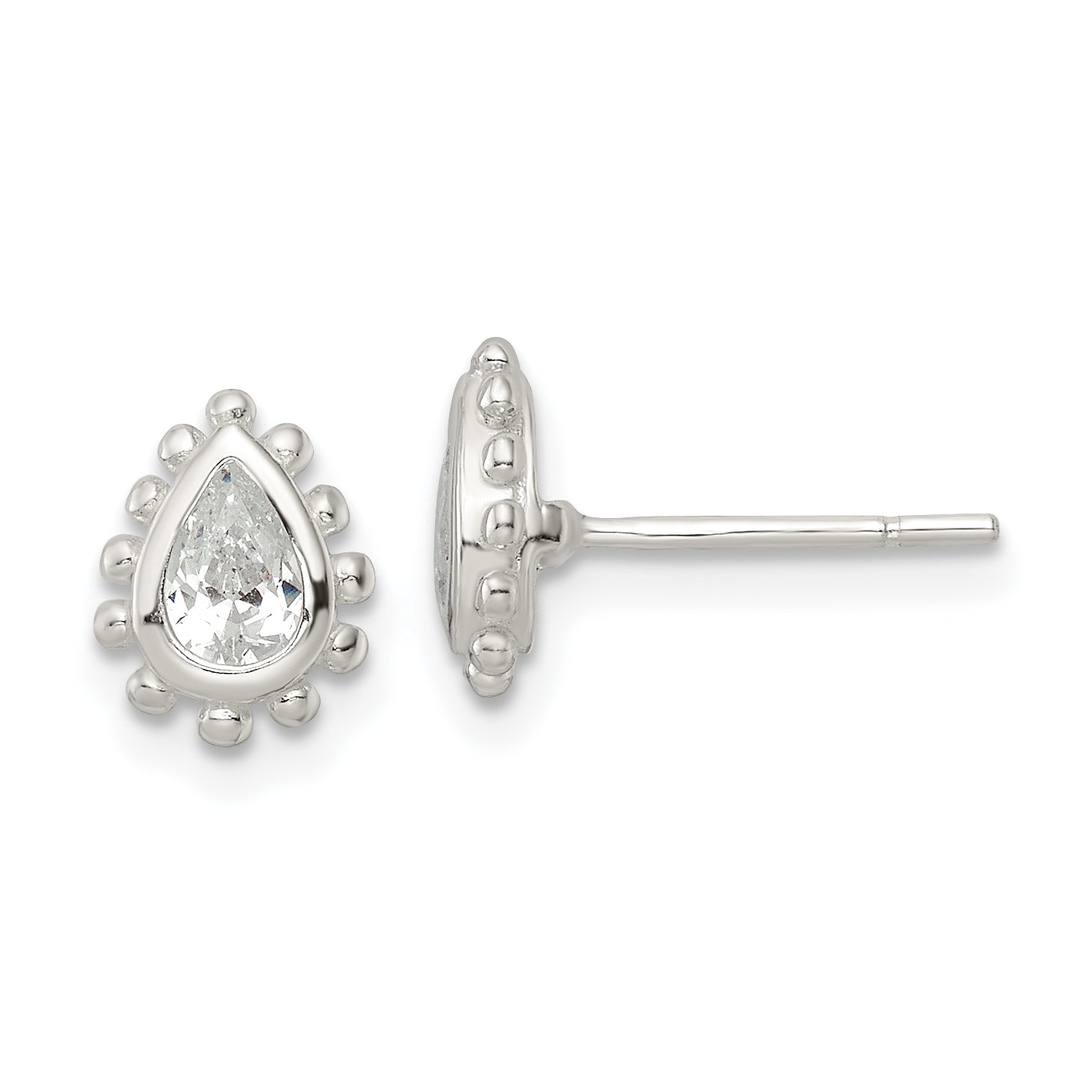 Sterling Silver Polished & Beaded Edge Pear CZ Post Earrings Main image