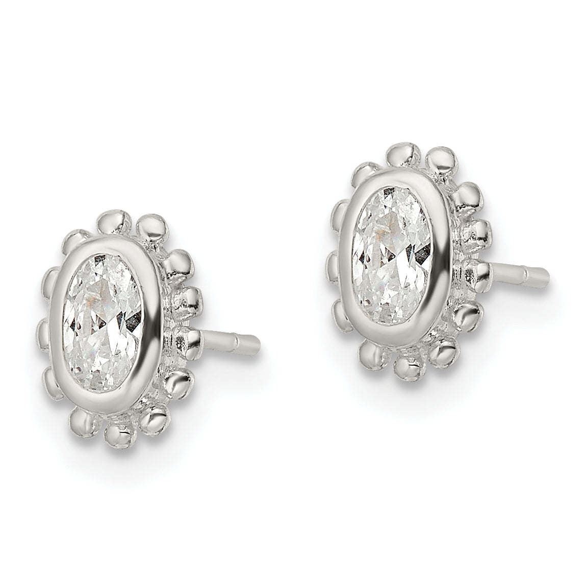 Sterling Silver Polished & Beaded Edge Oval CZ Post Earrings Secondary image