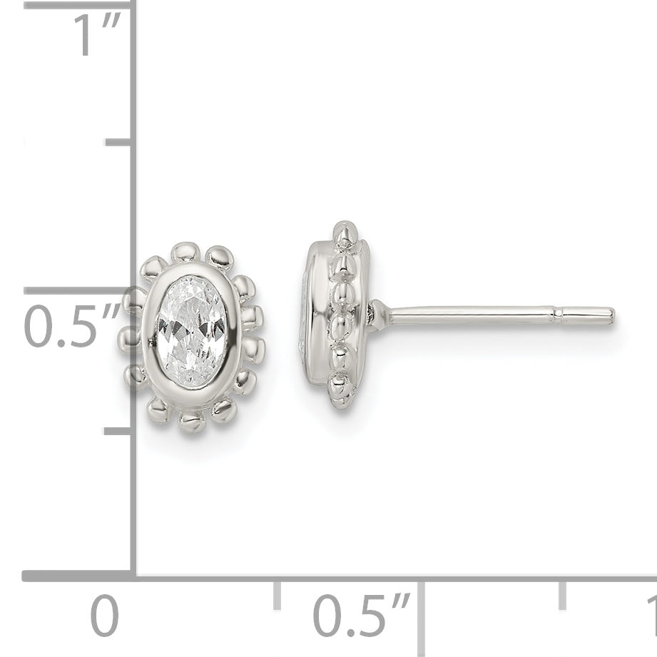 Sterling Silver Polished & Beaded Edge Oval CZ Post Earrings