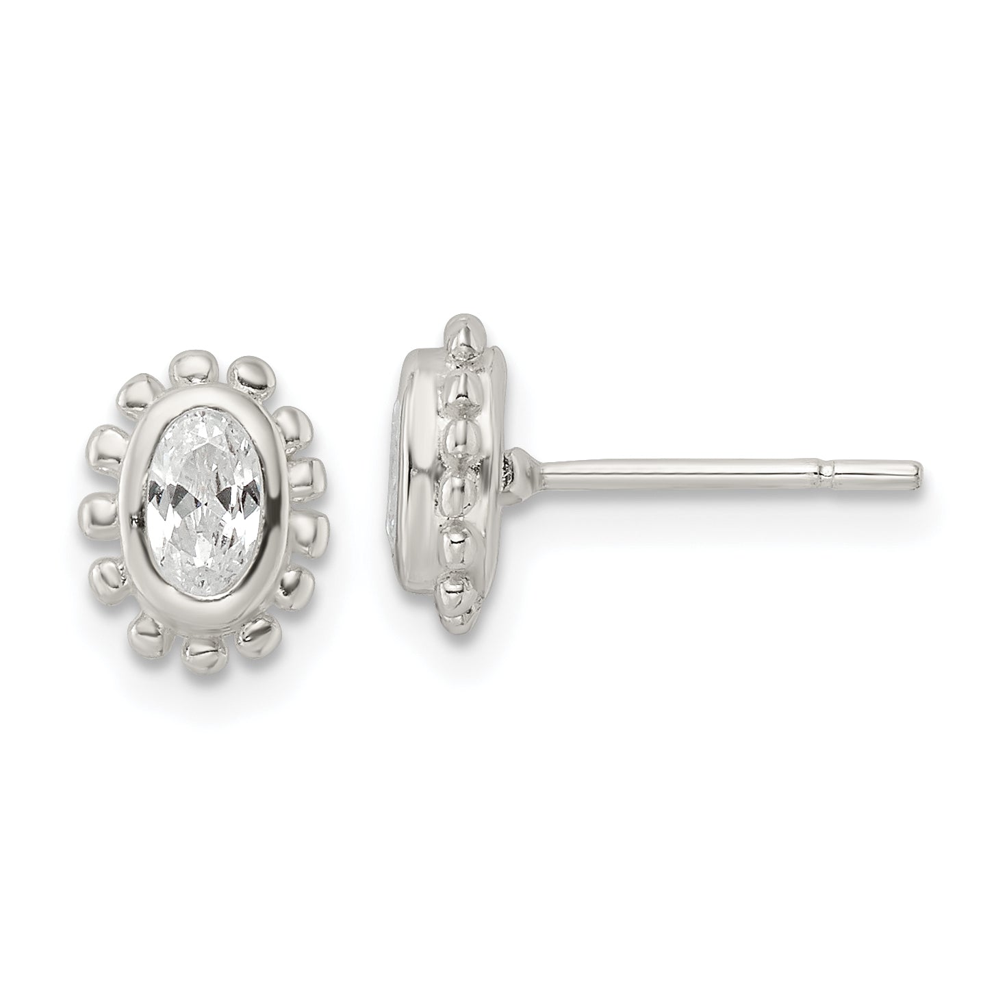 Sterling Silver Polished & Beaded Edge Oval CZ Post Earrings Main image