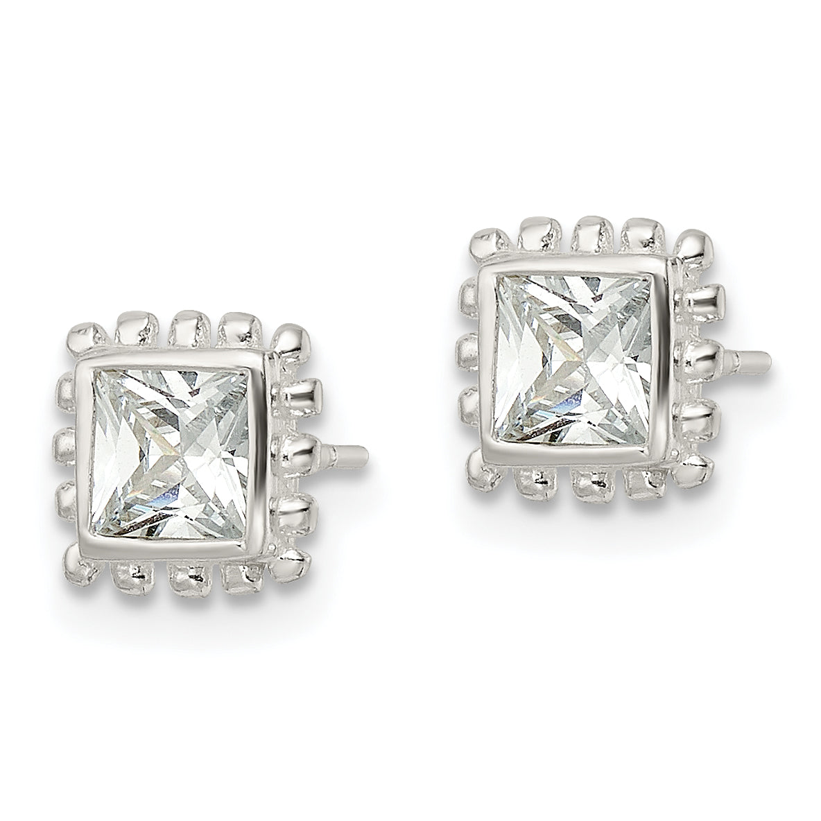 Sterling Silver Polished & Beaded Edge Square CZ Post Earrings Secondary image