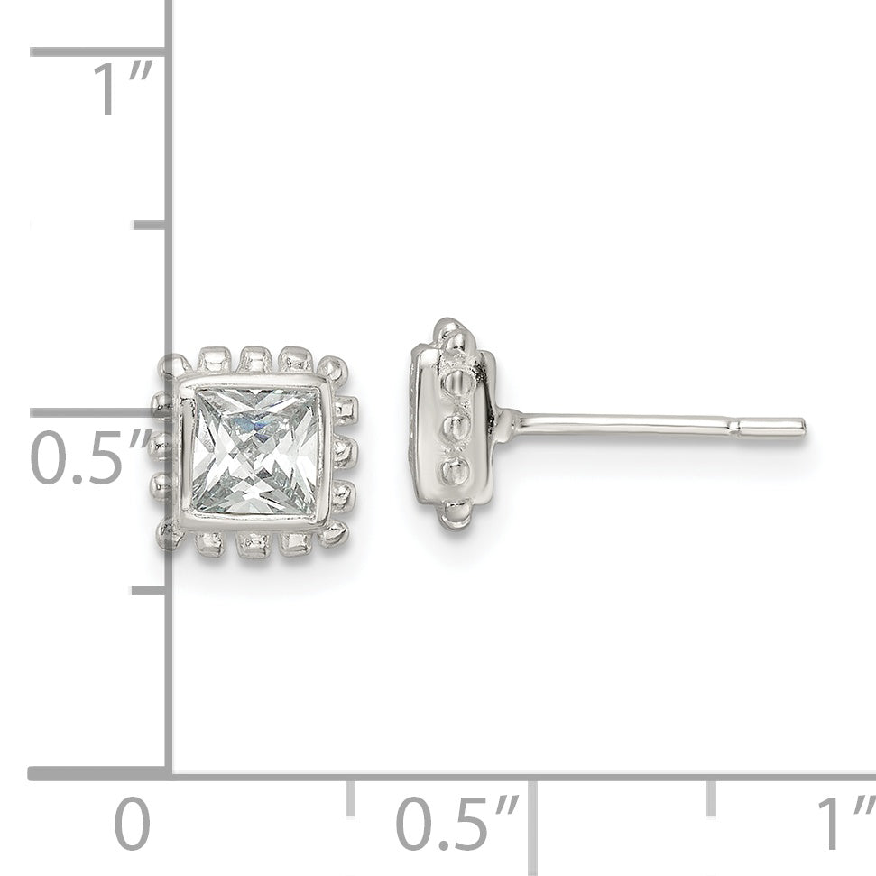 Sterling Silver Polished & Beaded Edge Square CZ Post Earrings