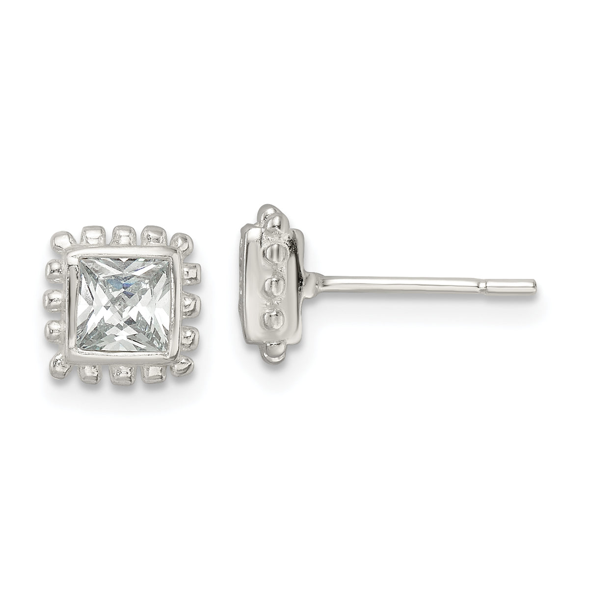 Sterling Silver Polished & Beaded Edge Square CZ Post Earrings