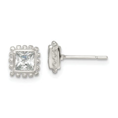 Sterling Silver Polished & Beaded Edge Square CZ Post Earrings