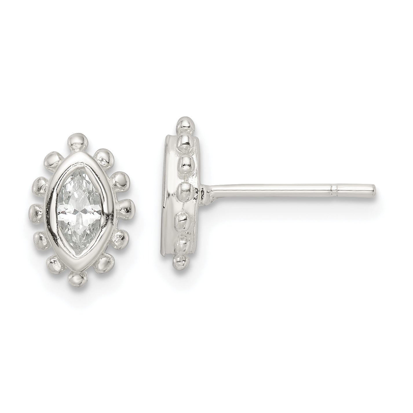 Sterling Silver Polished & Beaded Edge Marquise CZ Post Earrings Main image