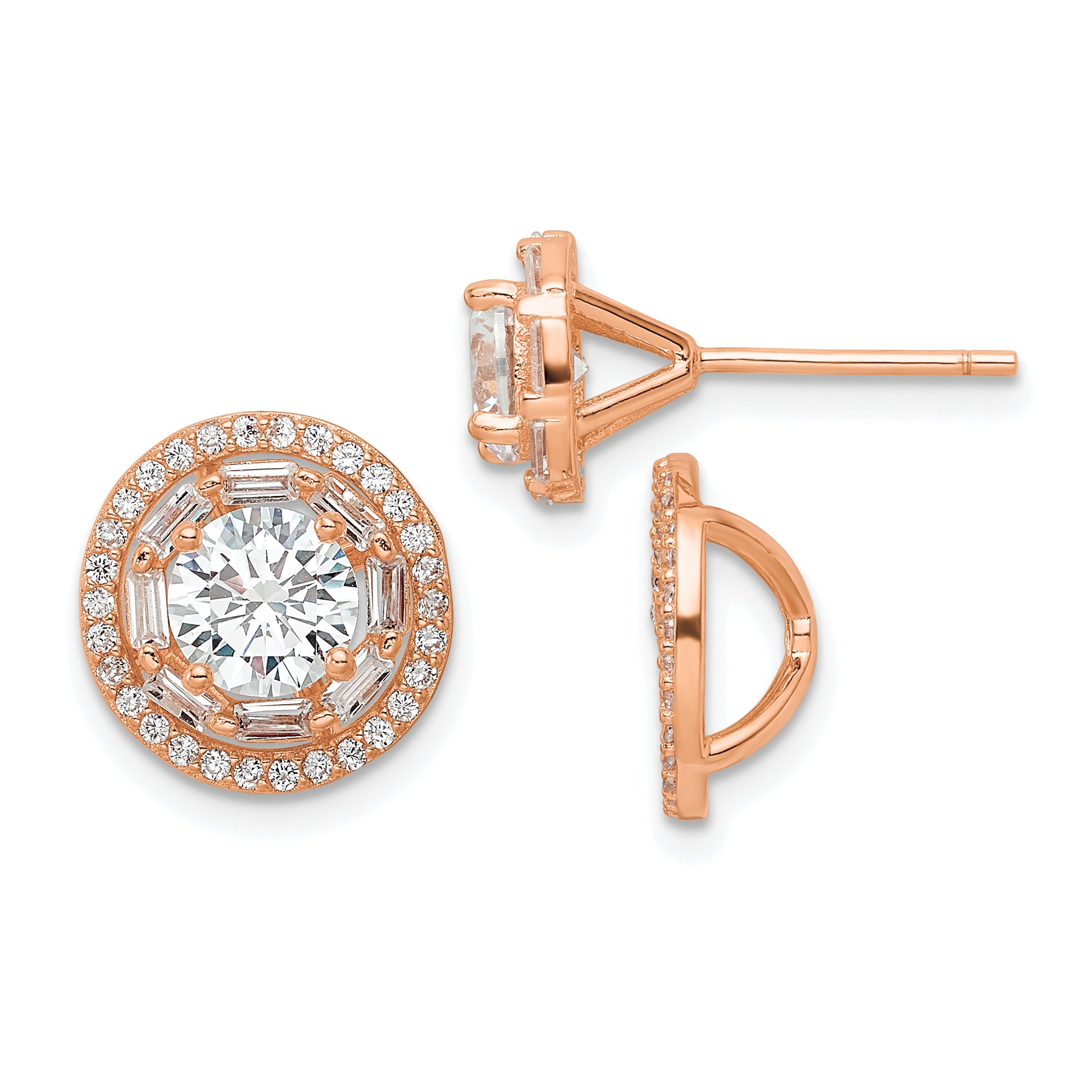 Sterling Silver Rose-tone Polished 6mm CZ Stud w/ Jackets Earrings Main image