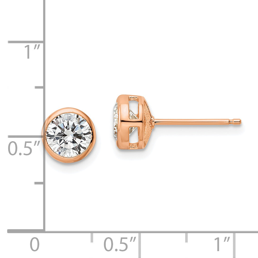 Sterling Silver Rose-tone Polished 6mm Round CZ Bezel Set Stud Earrings