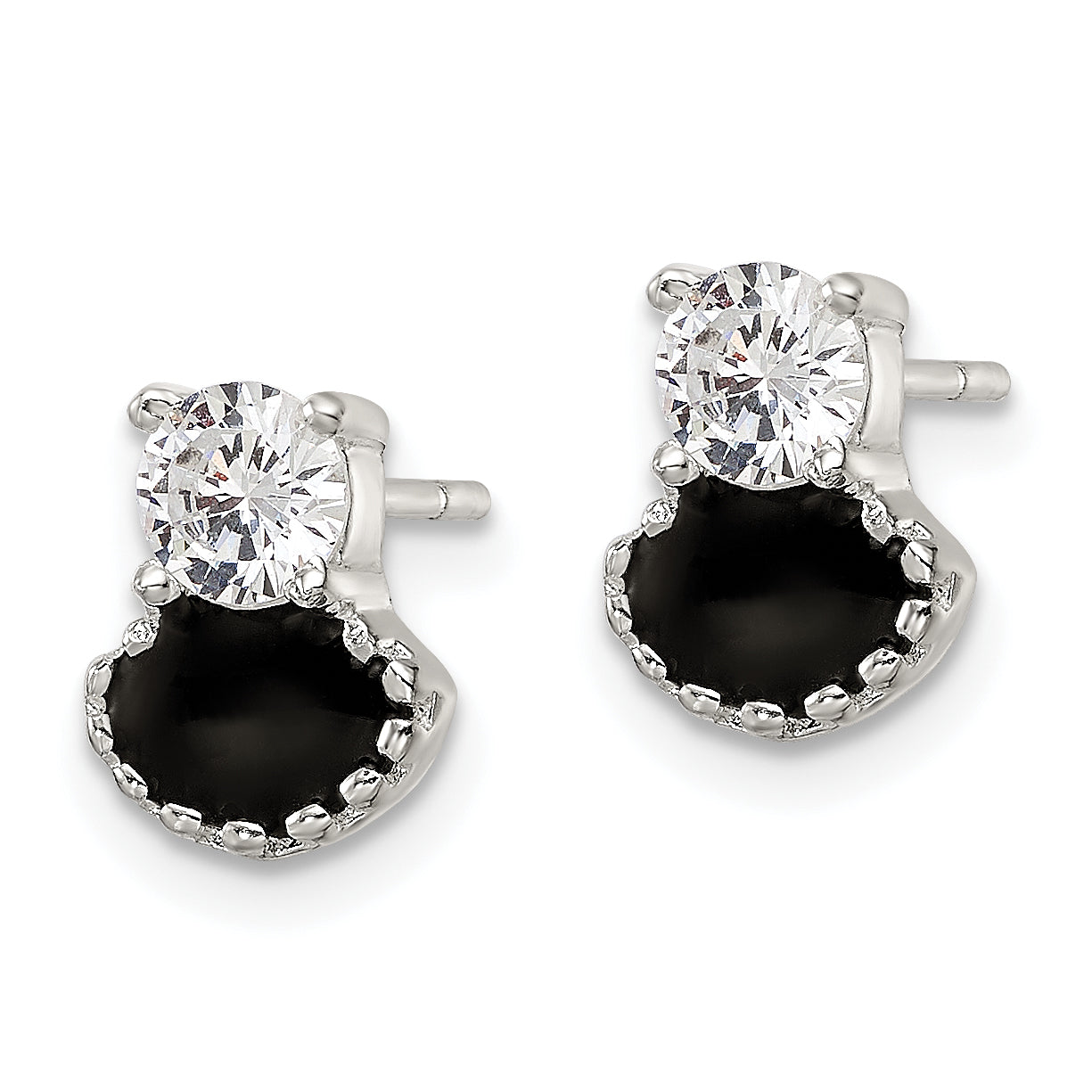 Sterling Silver Polished Black Enamel & CZ Post Earrings Secondary image