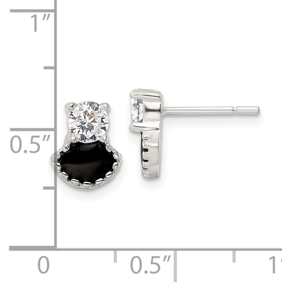 Sterling Silver Polished Black Enamel & CZ Post Earrings