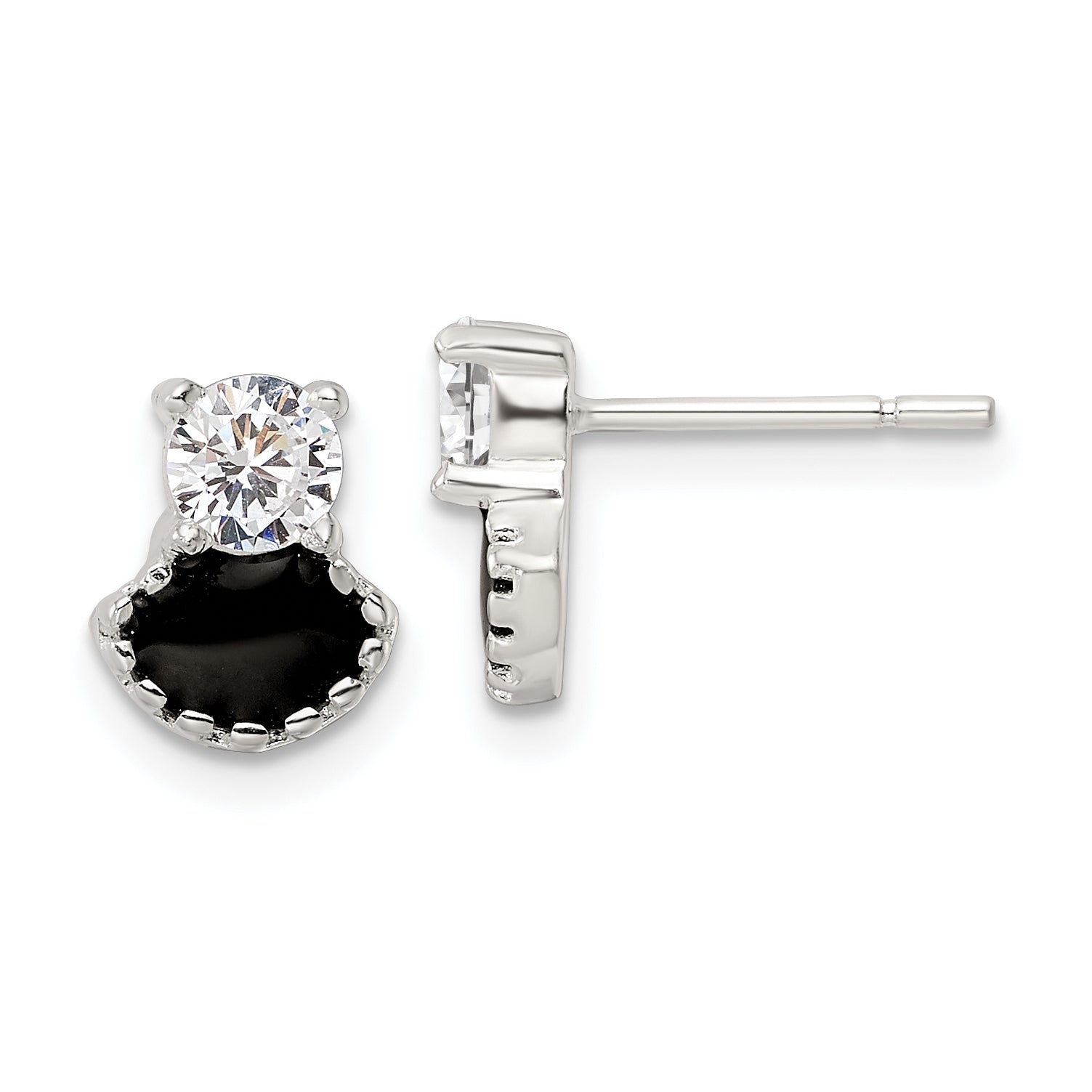 Sterling Silver Polished Black Enamel & CZ Post Earrings Main image
