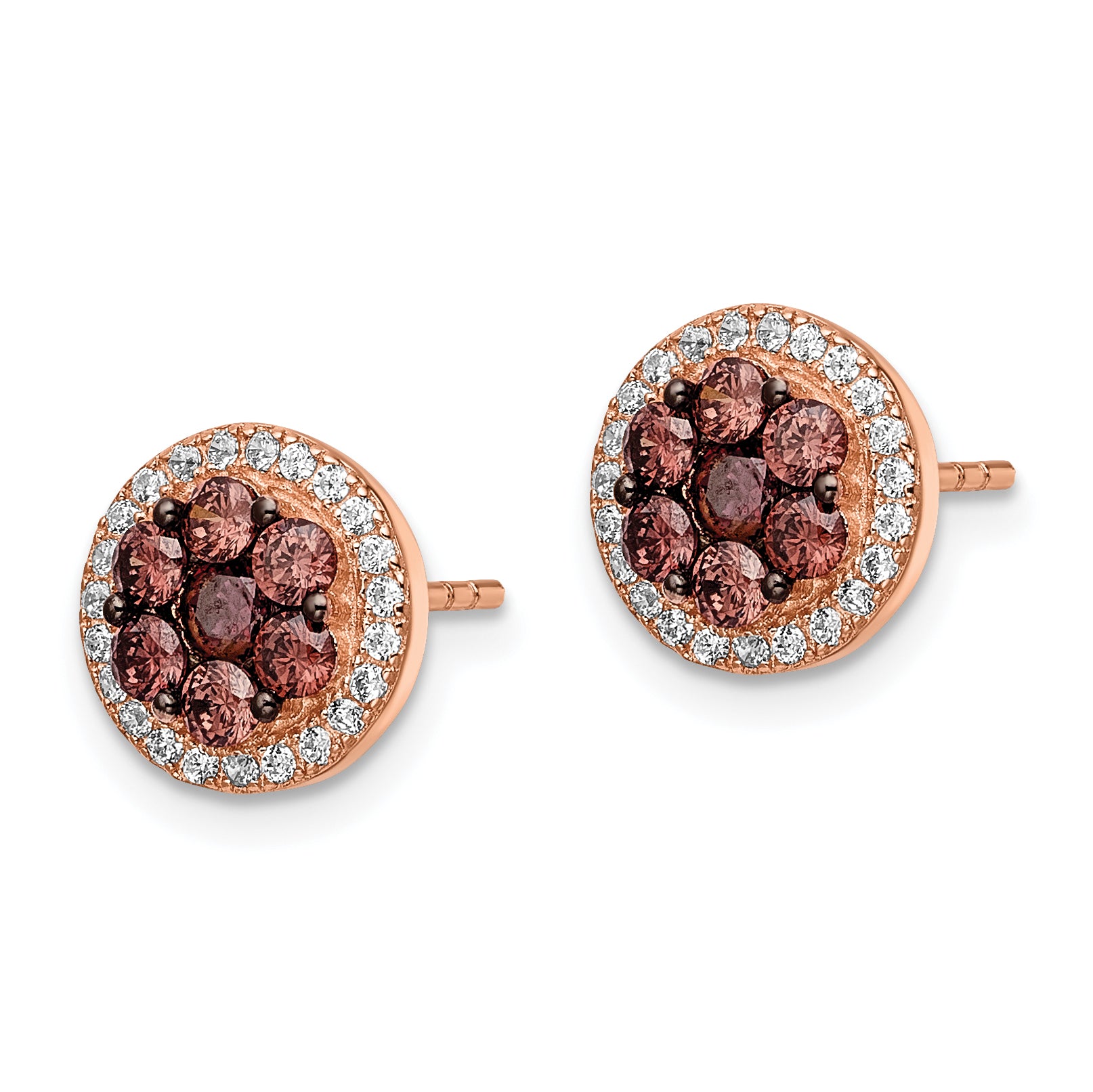 Sterling Silver Rose-tone w/ Black Rhodium-plated Accent Brown & White CZ Round Halo Post Earrings Secondary image