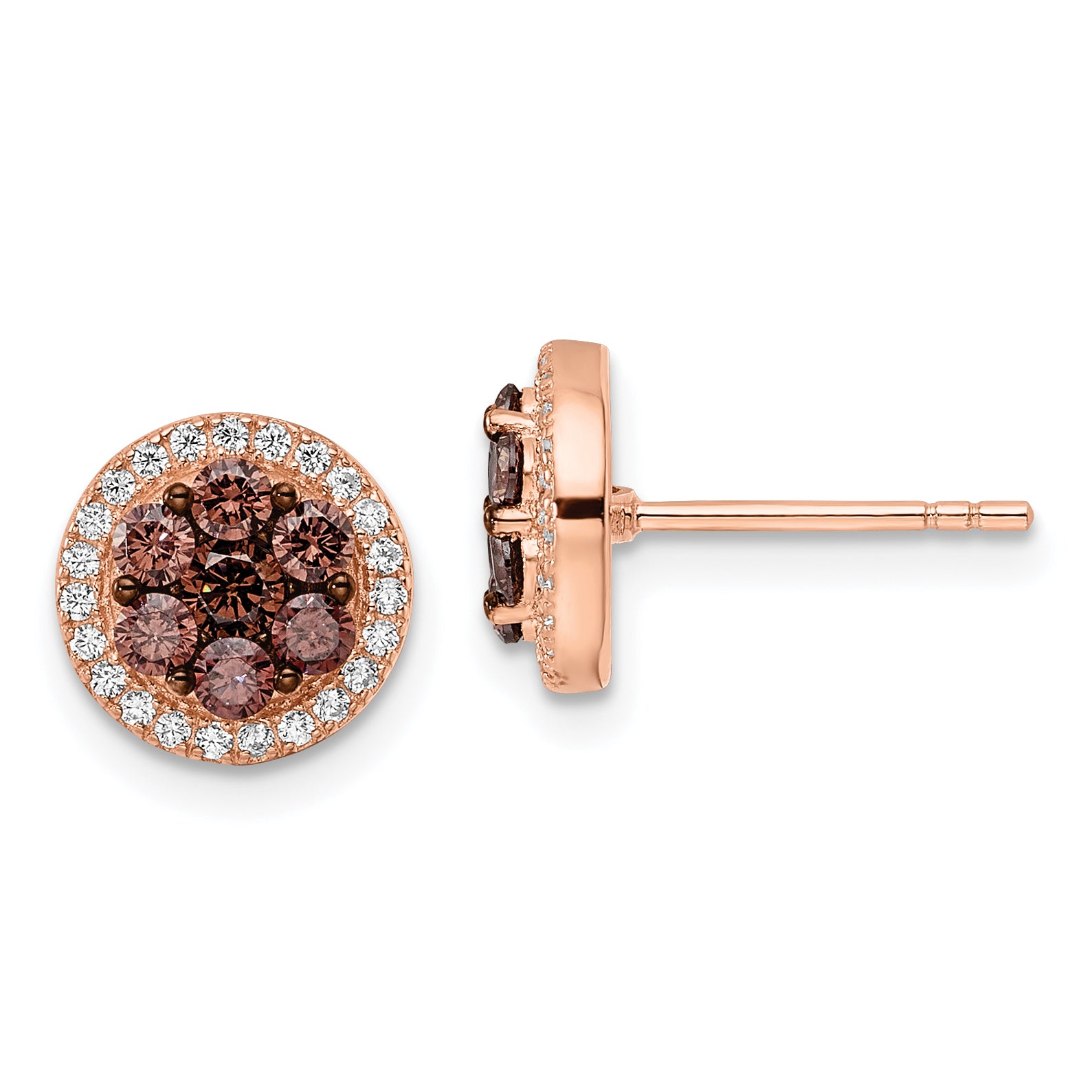 Sterling Silver Rose-tone w/ Black Rhodium-plated Accent Brown & White CZ Round Halo Post Earrings Main image