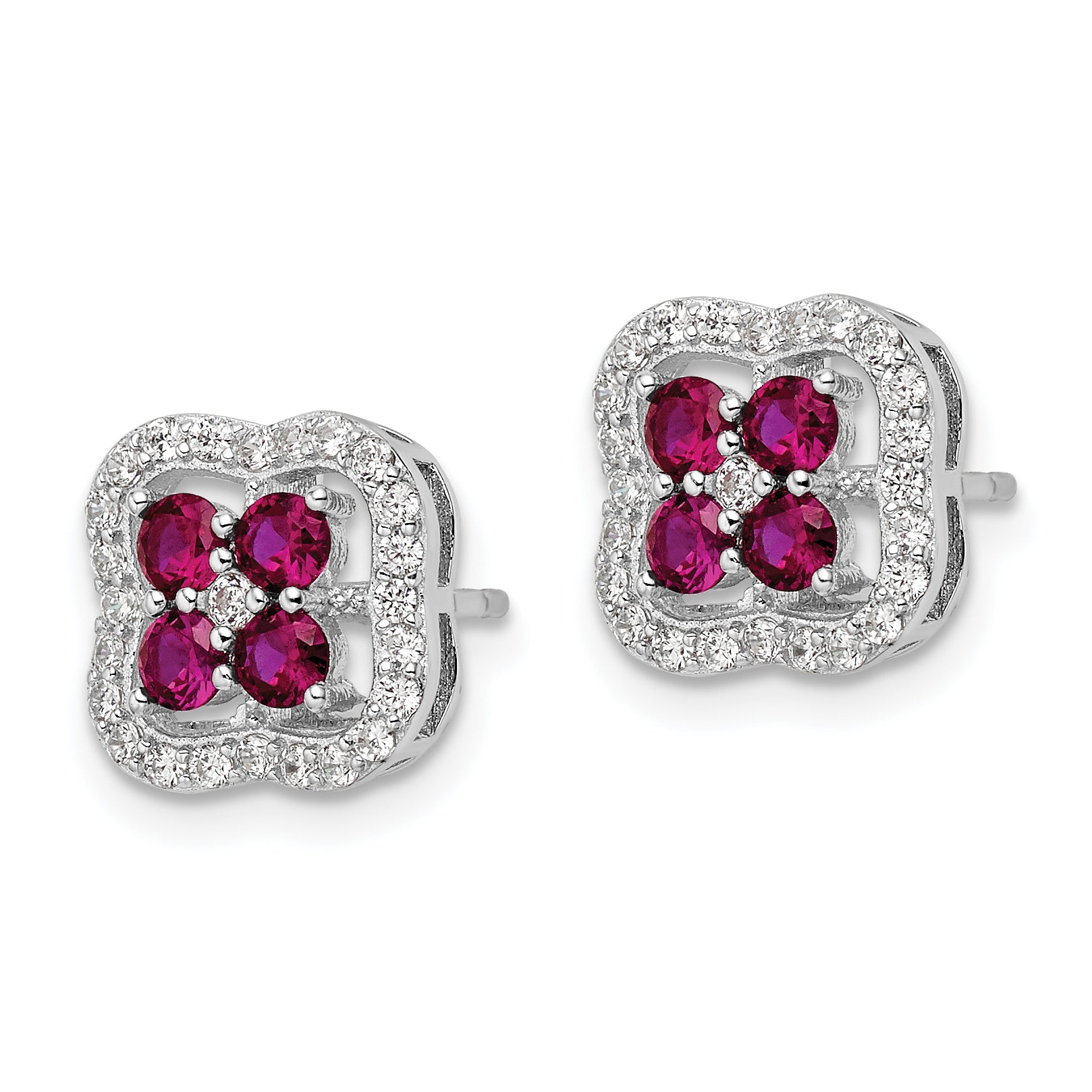 Sterling Silver Rhodium-plated Created Ruby and CZ Clover Post Earrings Secondary image