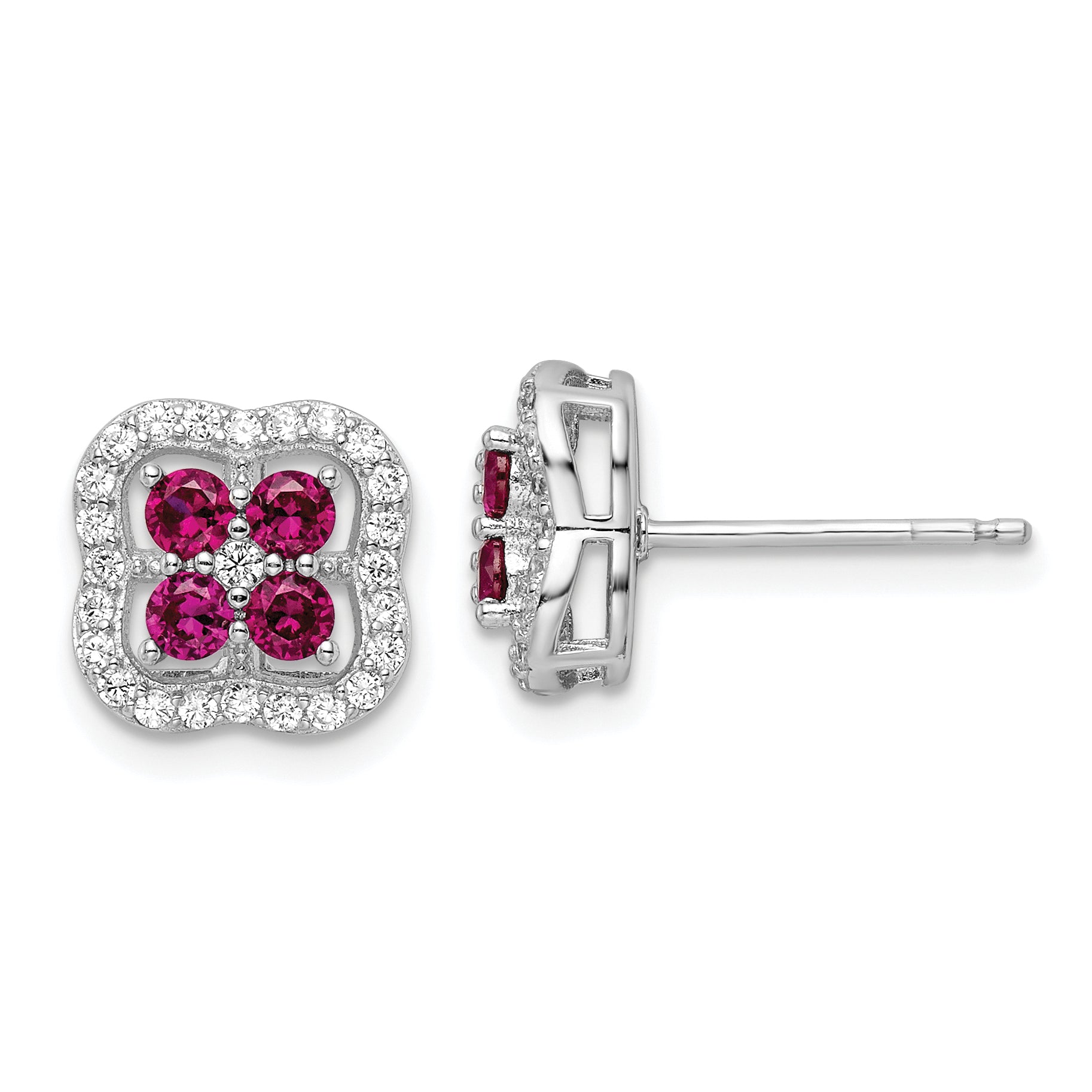 Sterling Silver Rhodium-plated Created Ruby and CZ Clover Post Earrings Main image