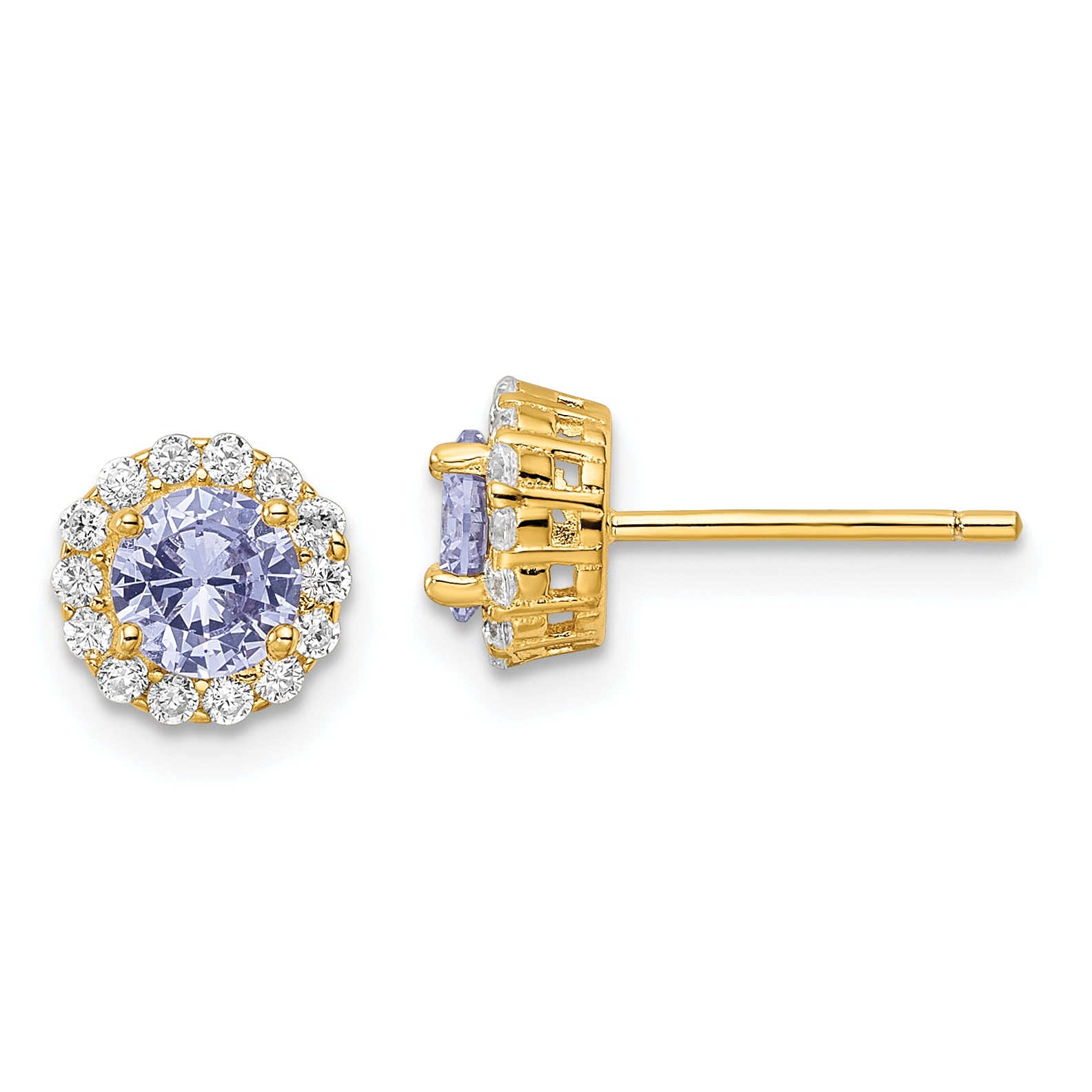 Sterling Silver Gold-tone Polished Purple & White CZ Halo Post Earrings Main image
