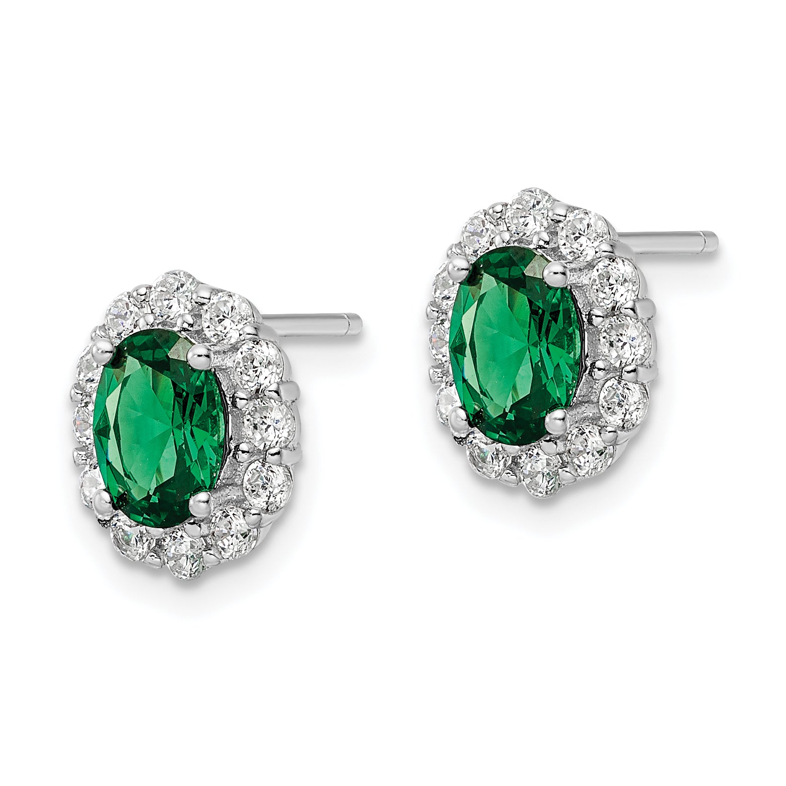 Sterling Silver Rhod-plated Polished Green & White CZ Oval Post Earrings Secondary image