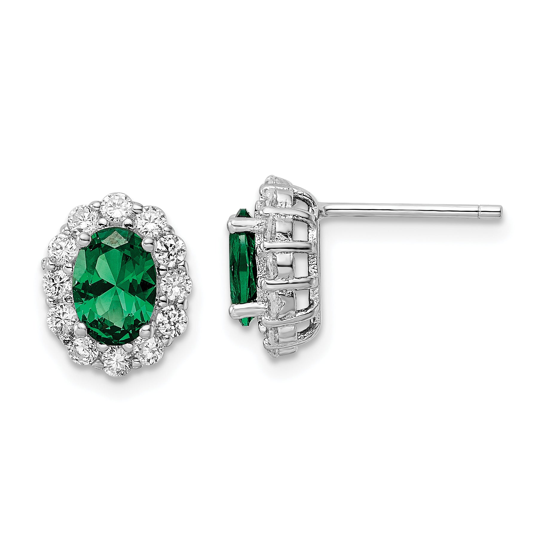 Sterling Silver Rhod-plated Polished Green & White CZ Oval Post Earrings Main image