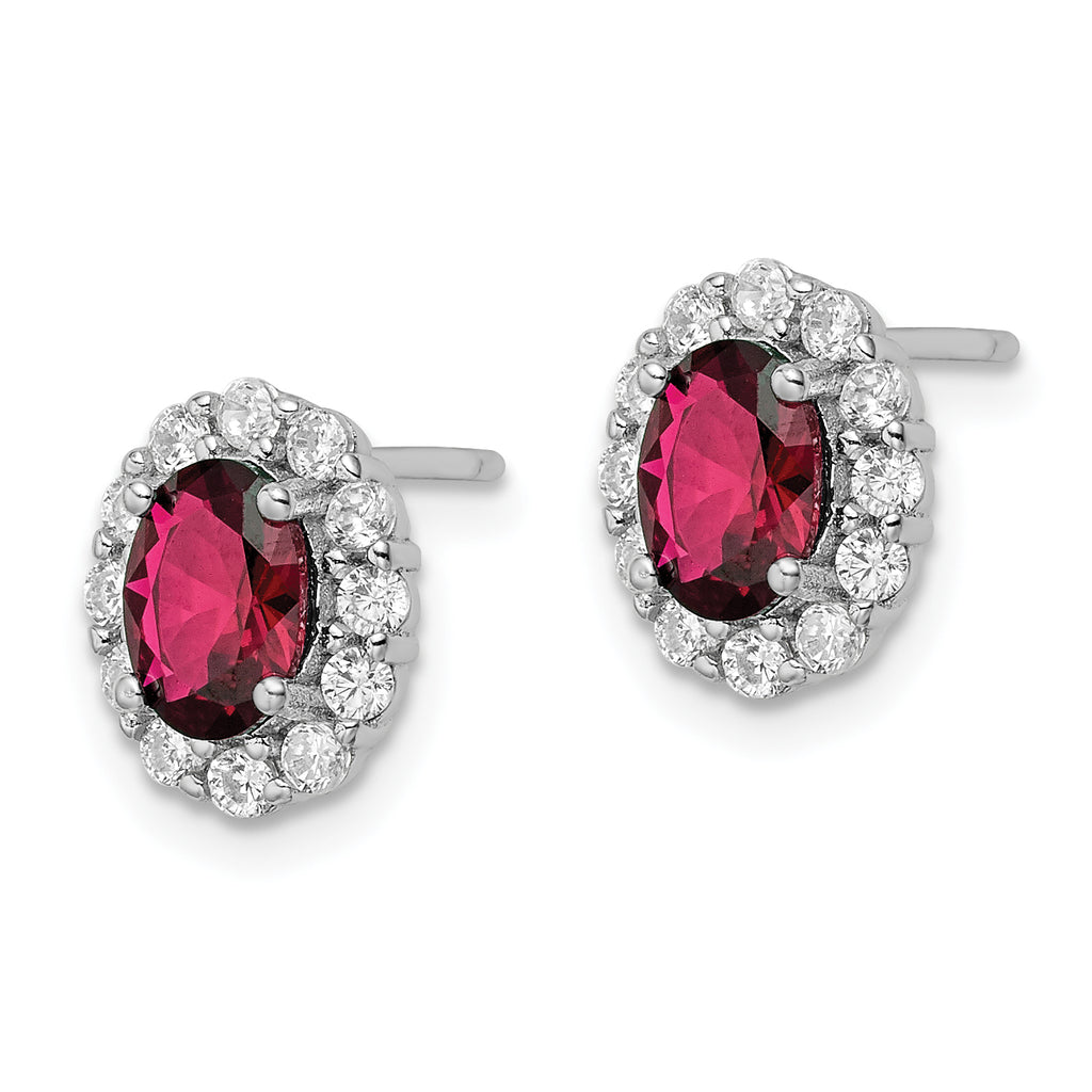 Sterling Silver Rhodium-plated Red & White CZ Oval Post Earrings