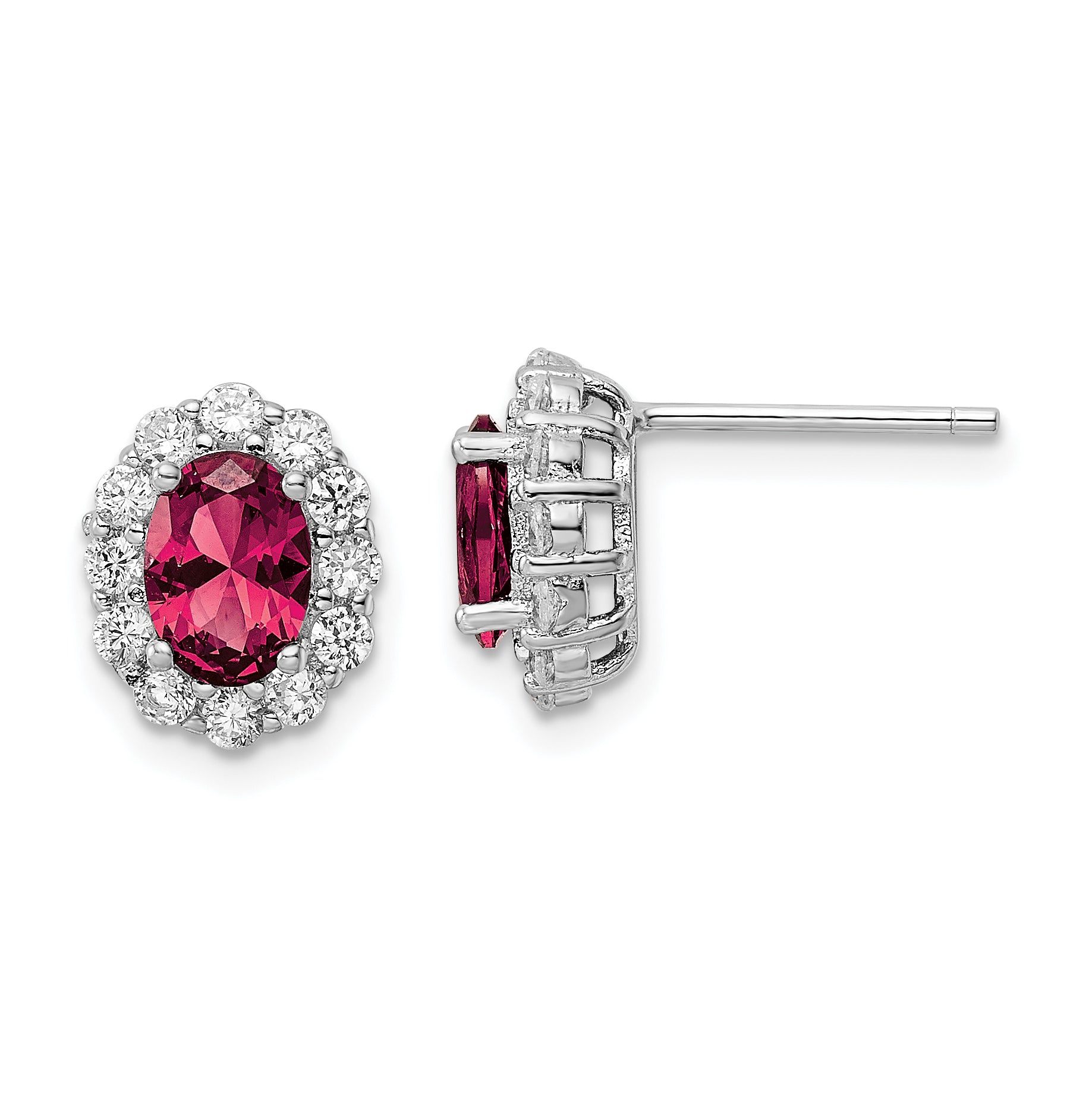 Sterling Silver Rhodium-plated Red & White CZ Oval Post Earrings Main image