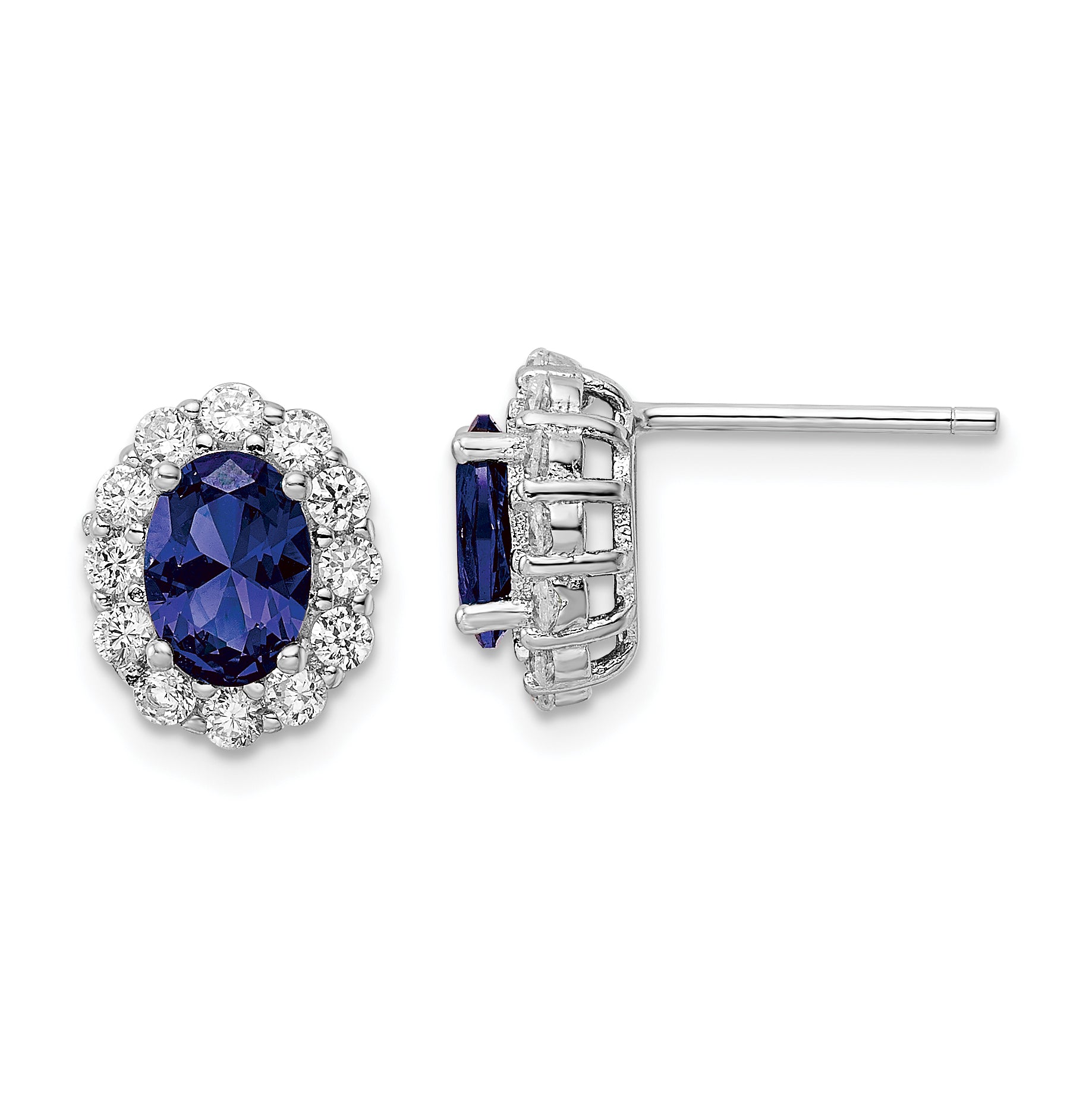 Sterling Silver Rhodium-plated Polished Blue & White CZ Oval Post Earrings Main image