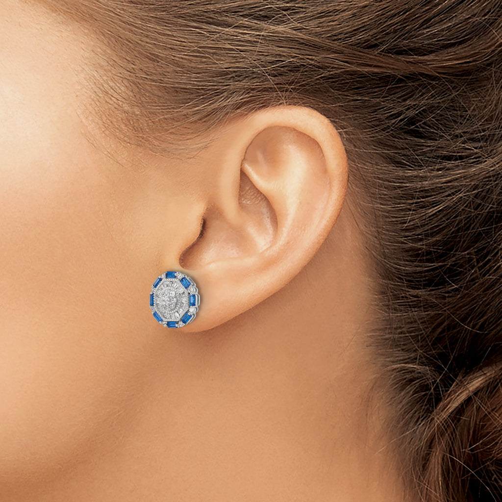 Sterling Silver RH-plated Polished Fancy Blue & White CZ Post Earrings