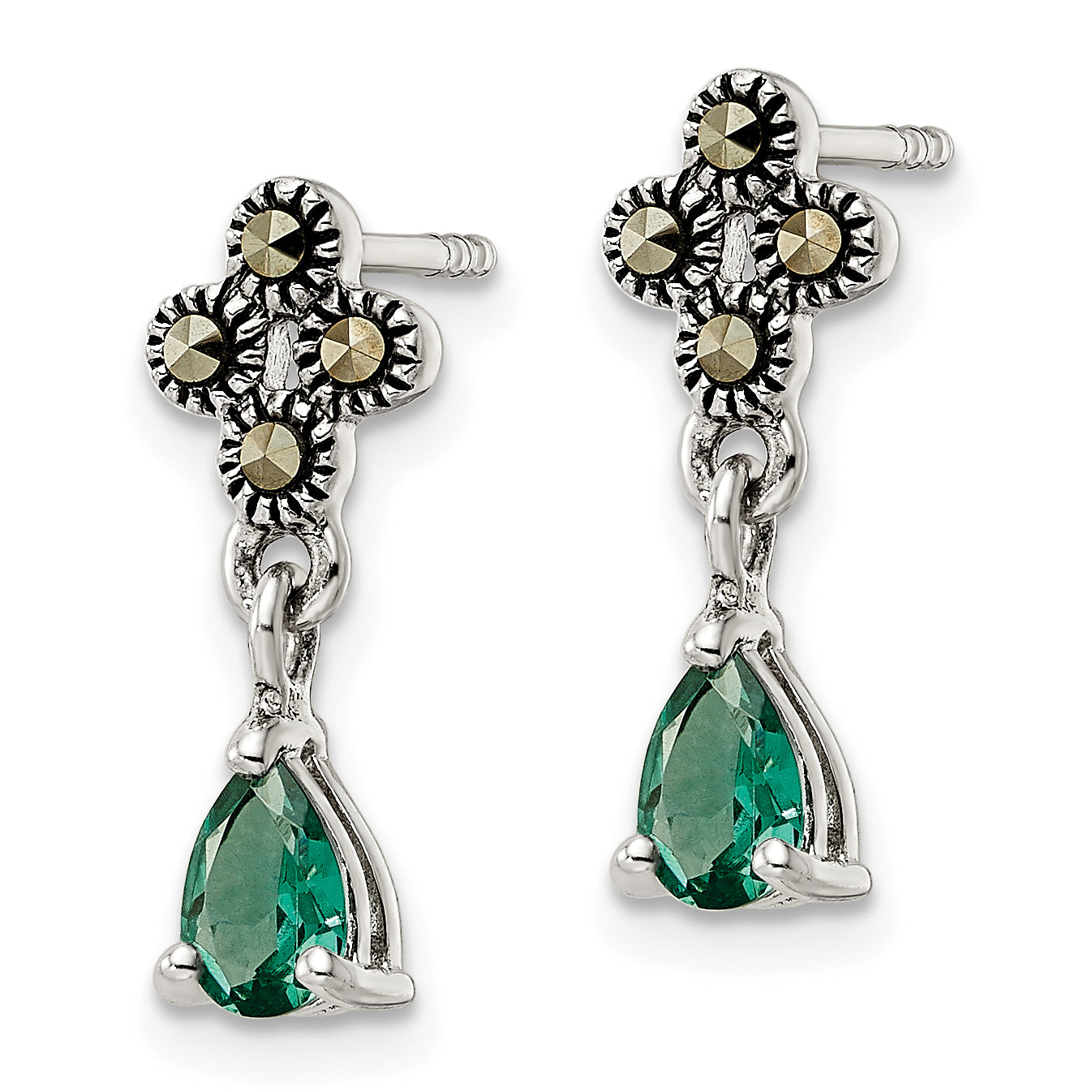 Sterling Silver Antiqued Marcasite & Cr. Green Quartz Post Dangle Earrings Secondary image