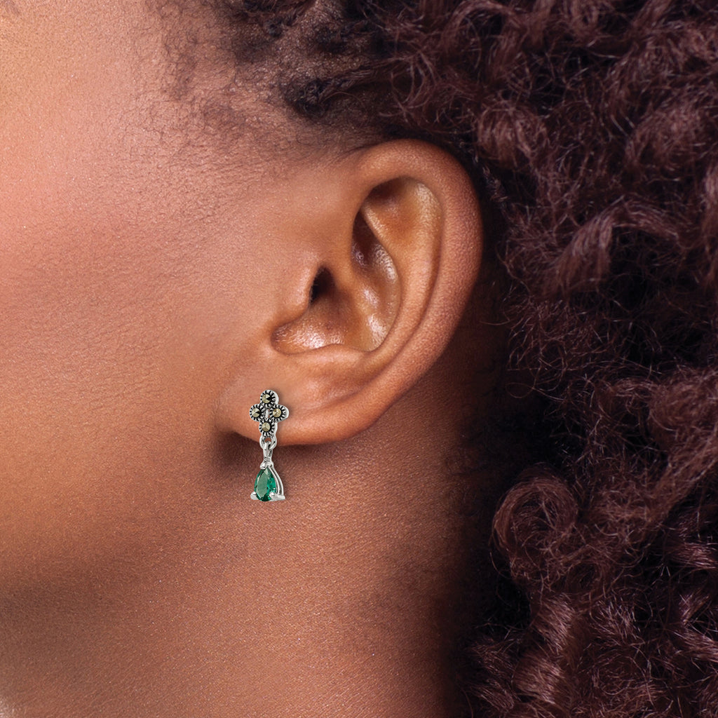 Sterling Silver Antiqued Marcasite & Cr. Green Quartz Post Dangle Earrings