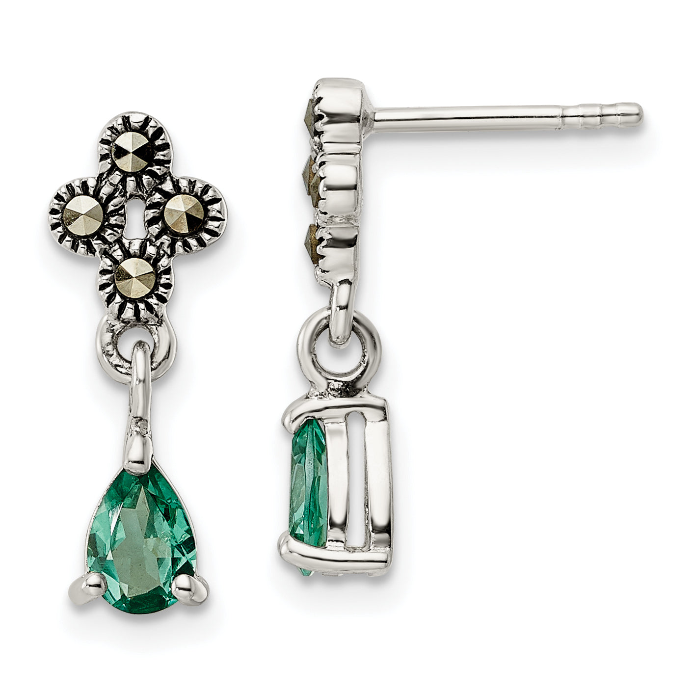 Sterling Silver Antiqued Marcasite & Cr. Green Quartz Post Dangle Earrings Main image