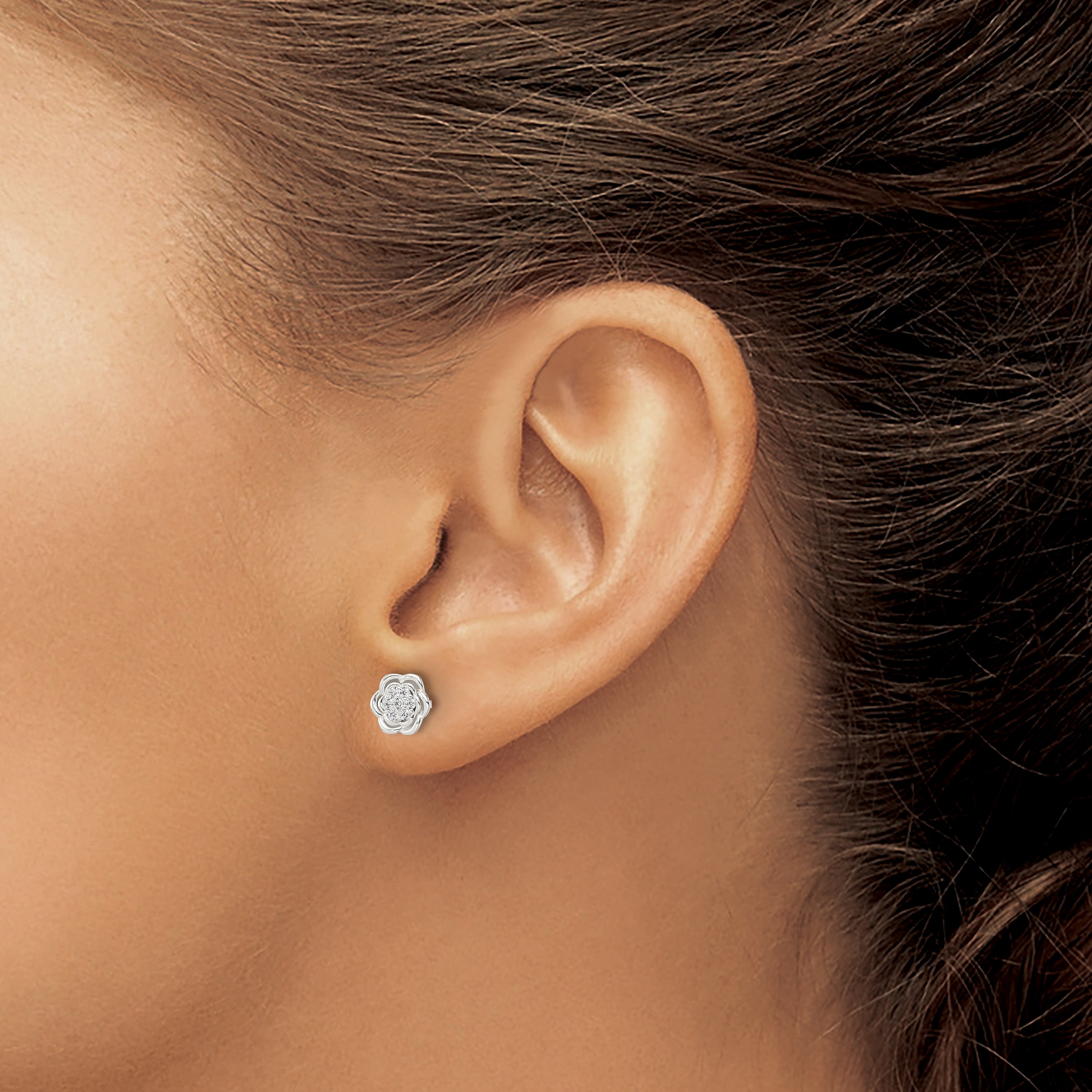 Sterling Silver Polished Floral CZ Post Earrings