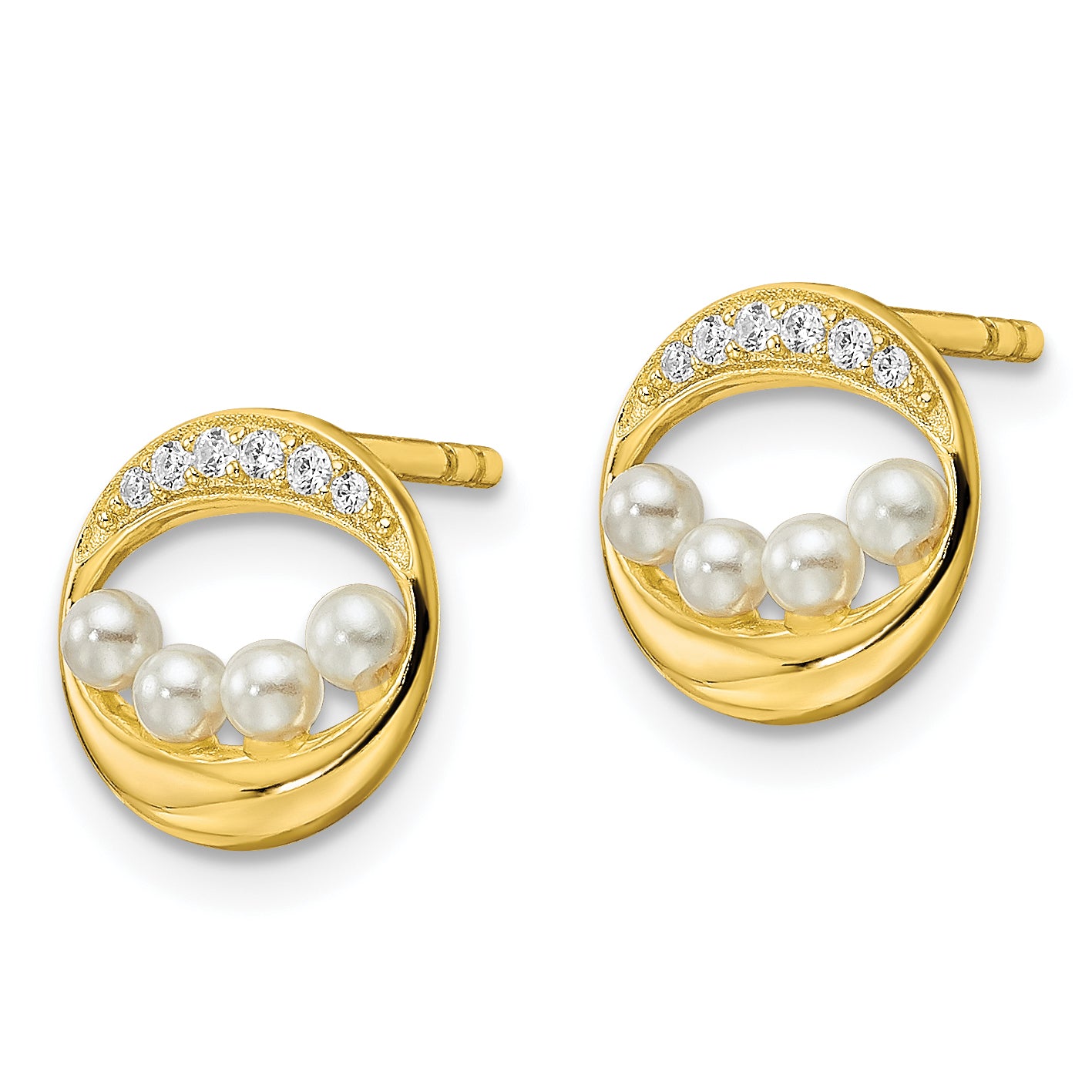 Sterling Silver Gold-tone CZ & Shell Pearl Post Earrings Secondary image