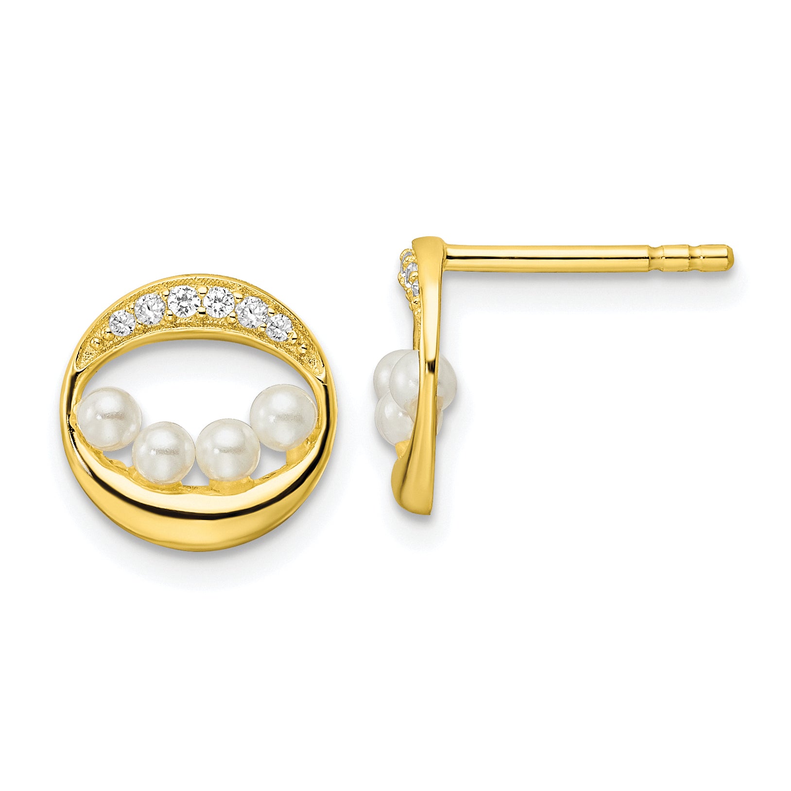 Sterling Silver Gold-tone CZ & Shell Pearl Post Earrings Main image