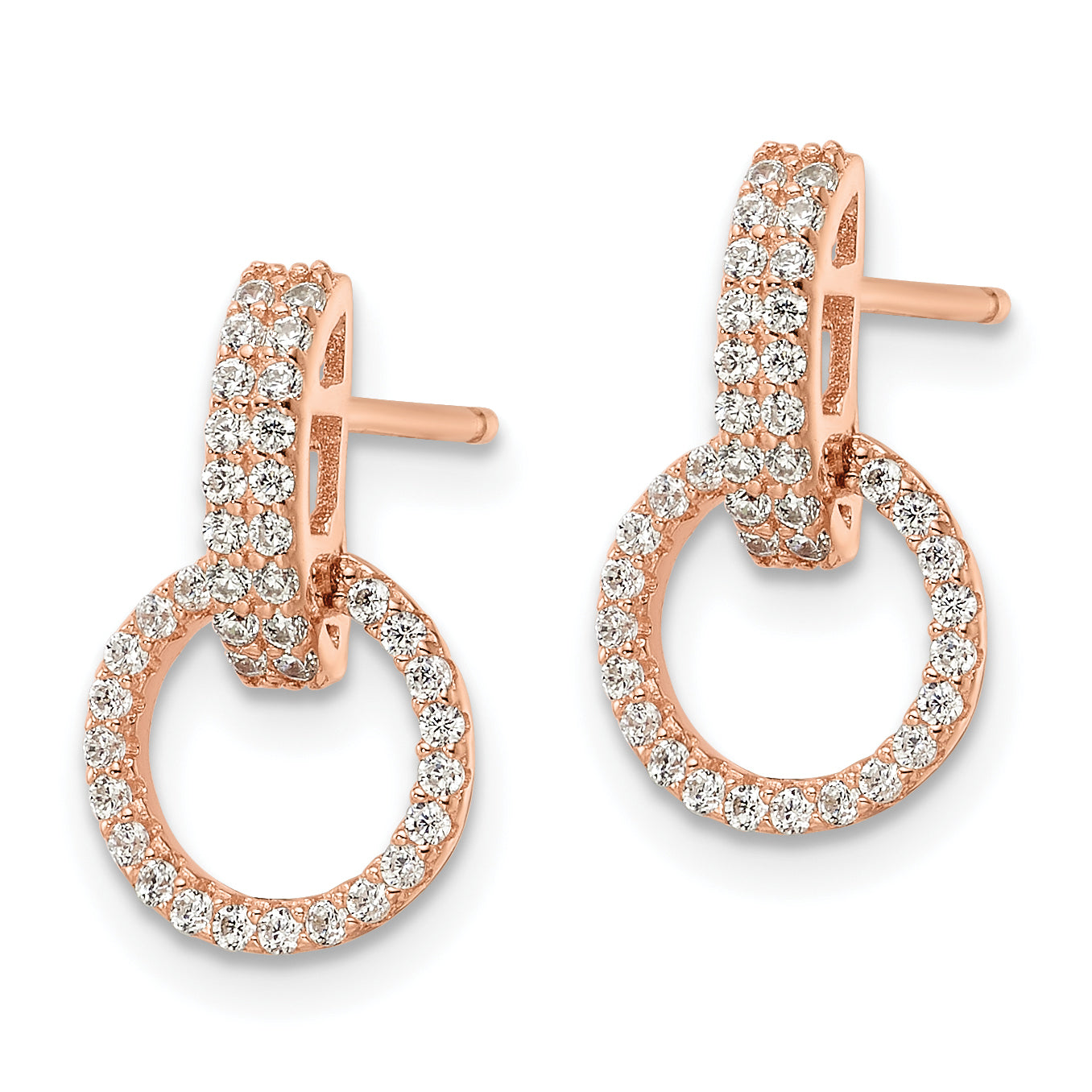 Sterling Silver Rose-tone Polished CZ Circle Post Dangle Earrings Secondary image