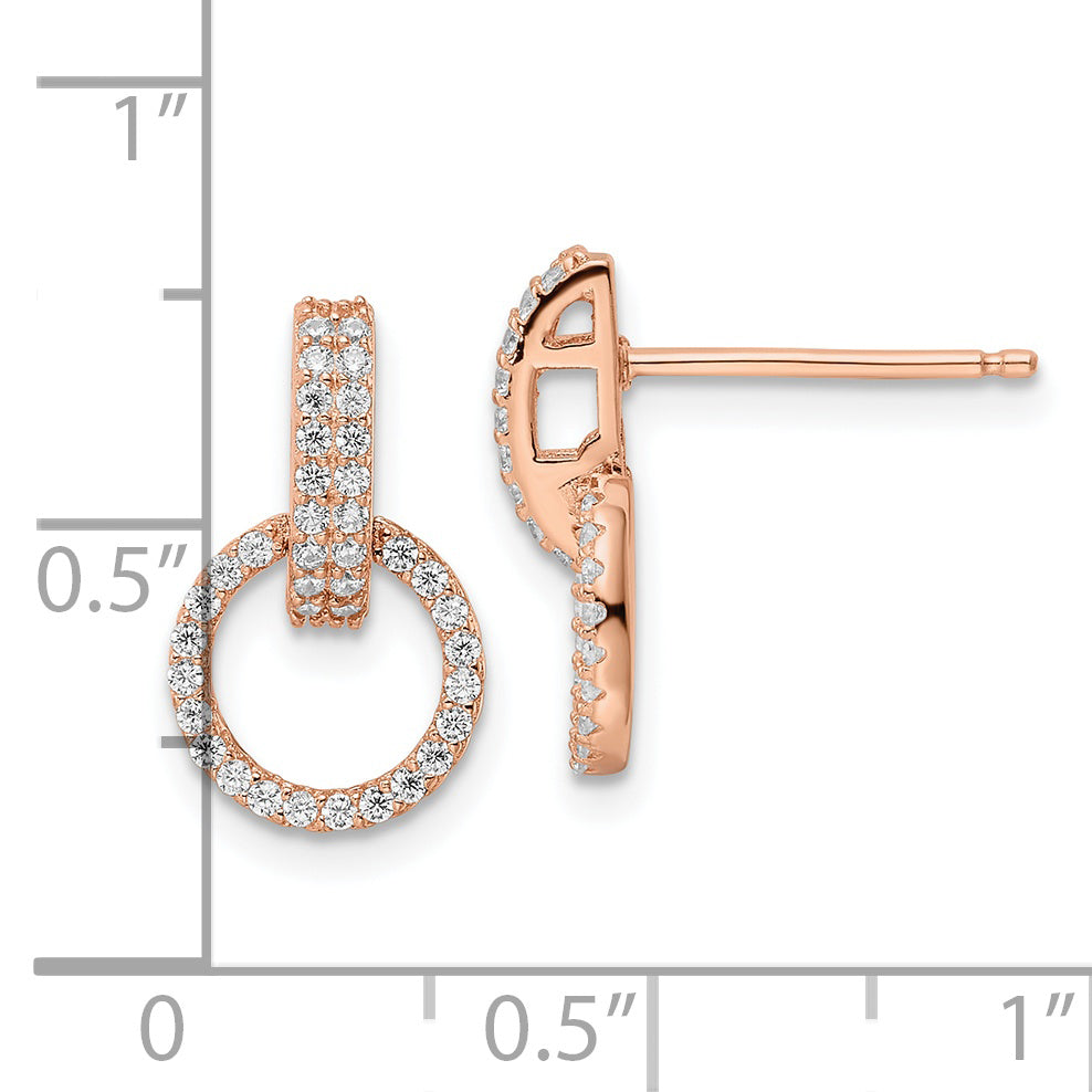 Sterling Silver Rose-tone Polished CZ Circle Post Dangle Earrings