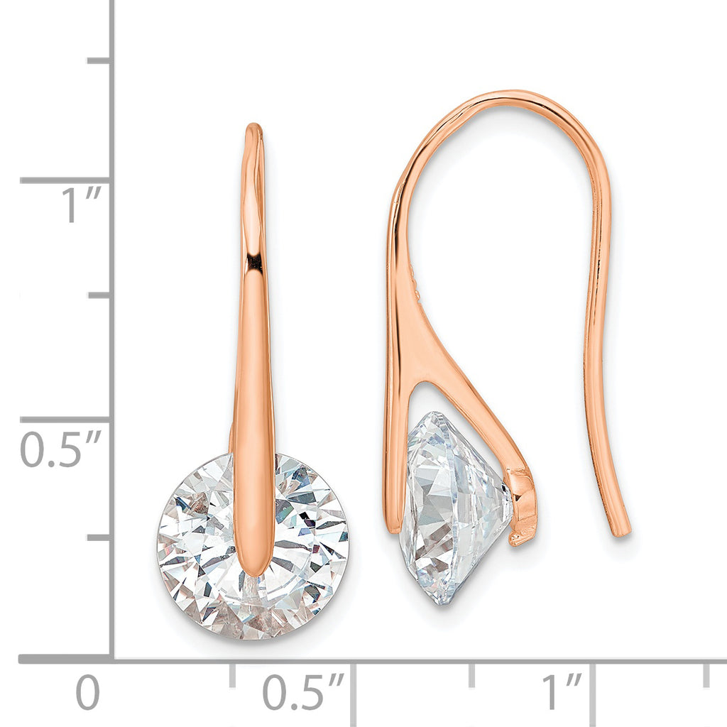 Sterling Silver Rose-tone Polished Round CZ Dangle Earrings