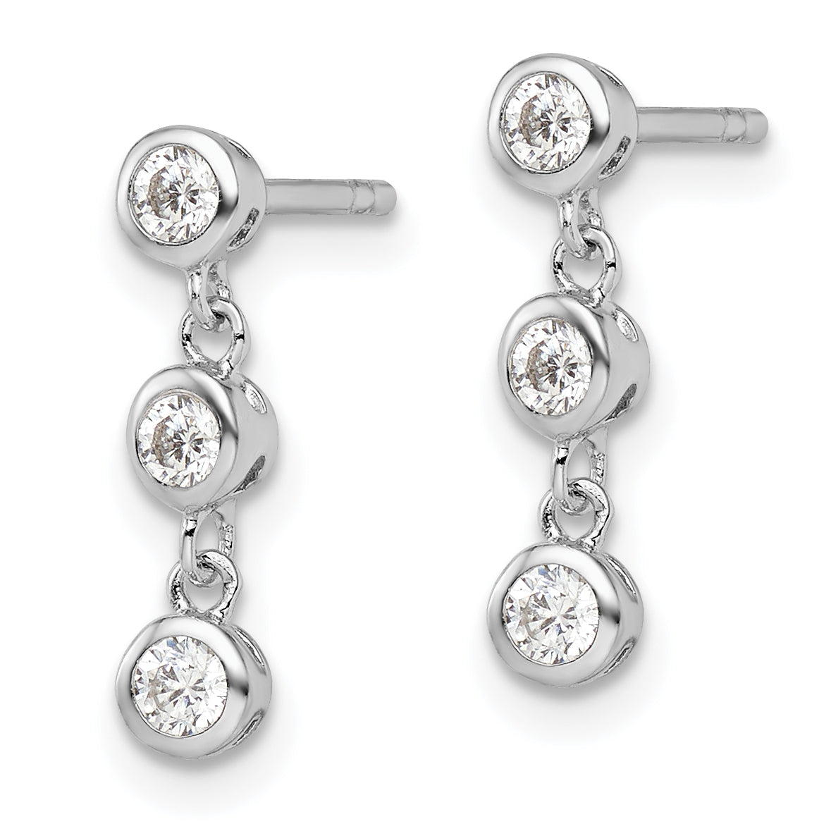 Sterling Silver Rhodium-plated Polished Three CZ Post Dangle Earrings Secondary image